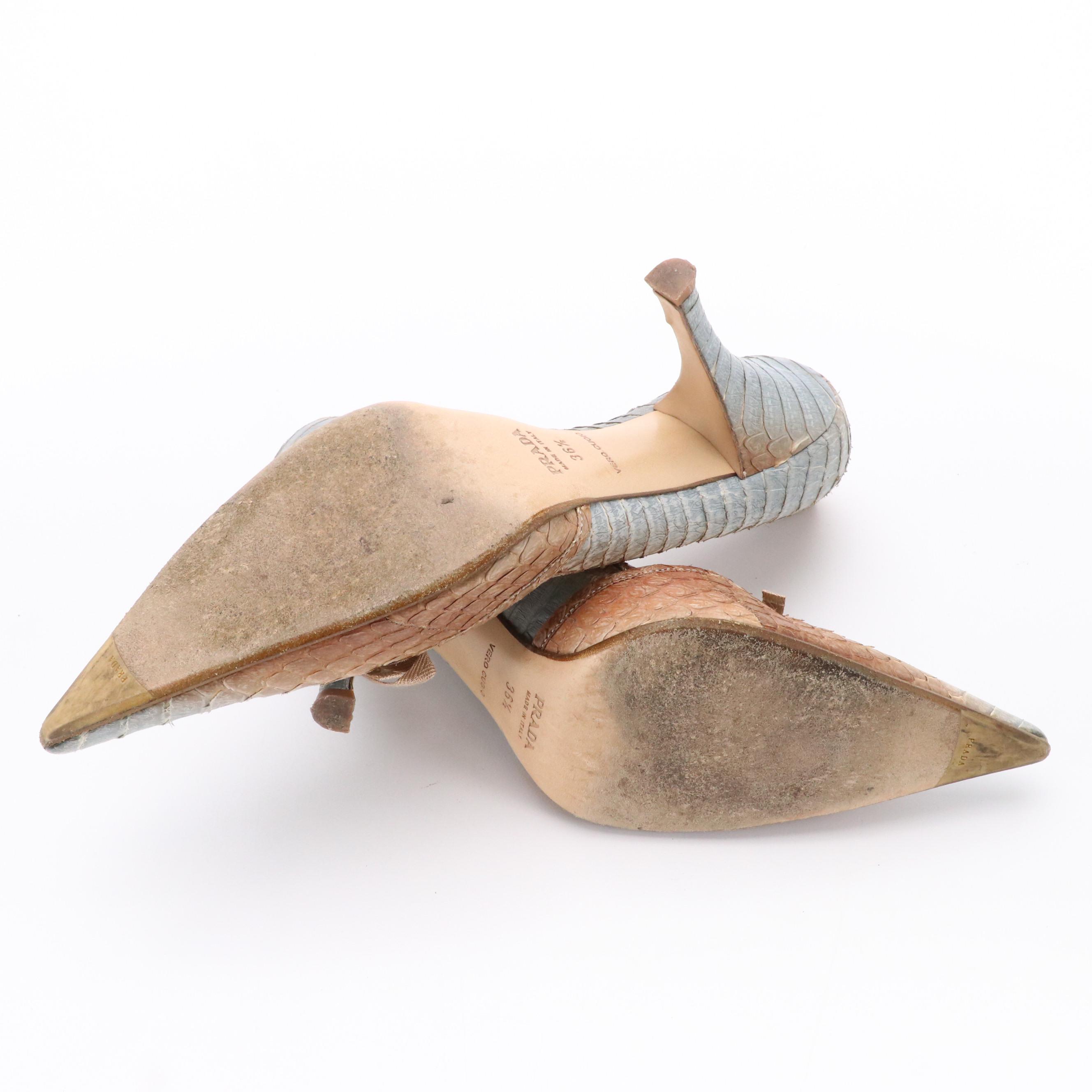 Prada Bicolor Ombré Pyton Snakeskin Pointy Toe Bow Pumps