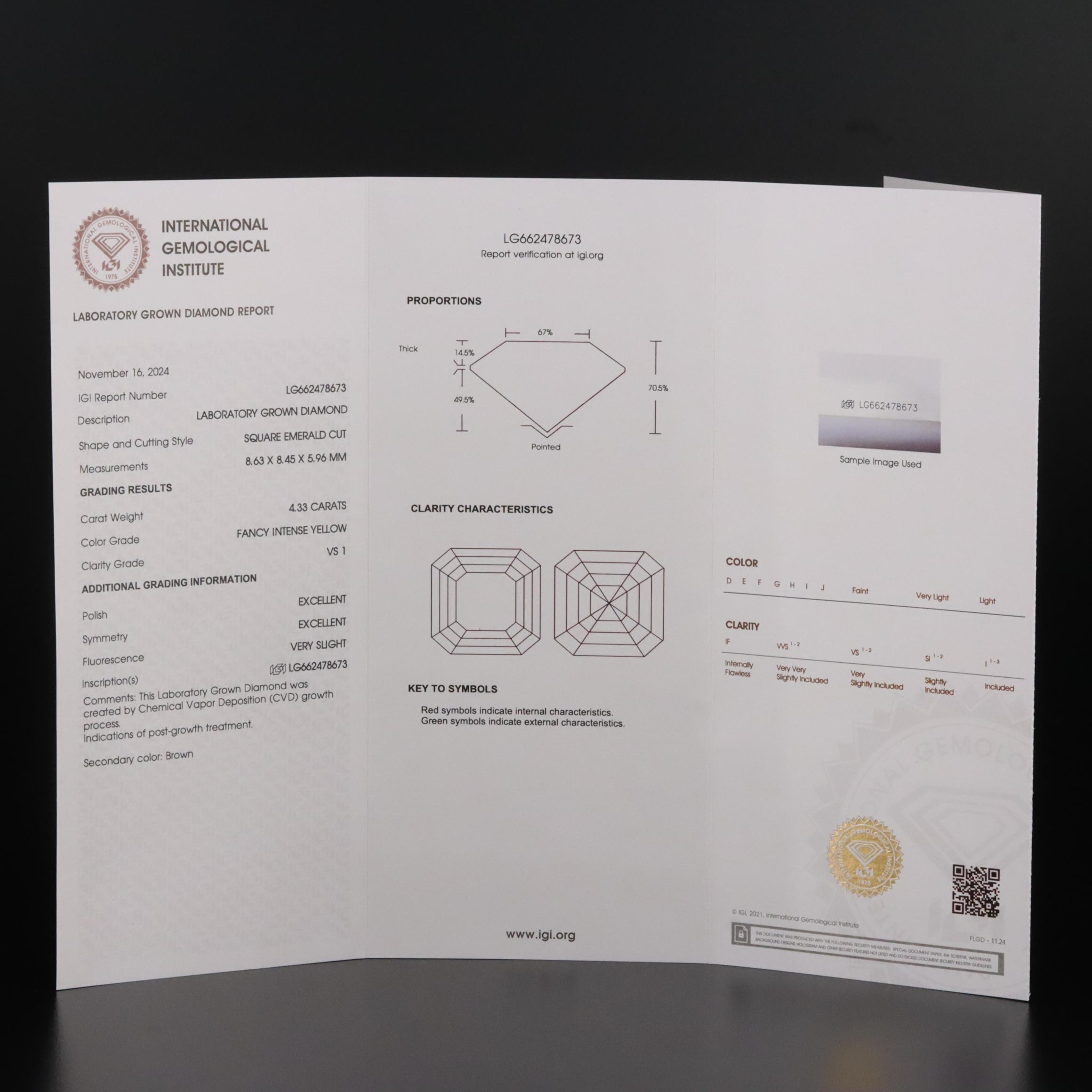 Loose 4.33 CT Fancy Intense Yellow Lab Grown Diamond with IGI Report