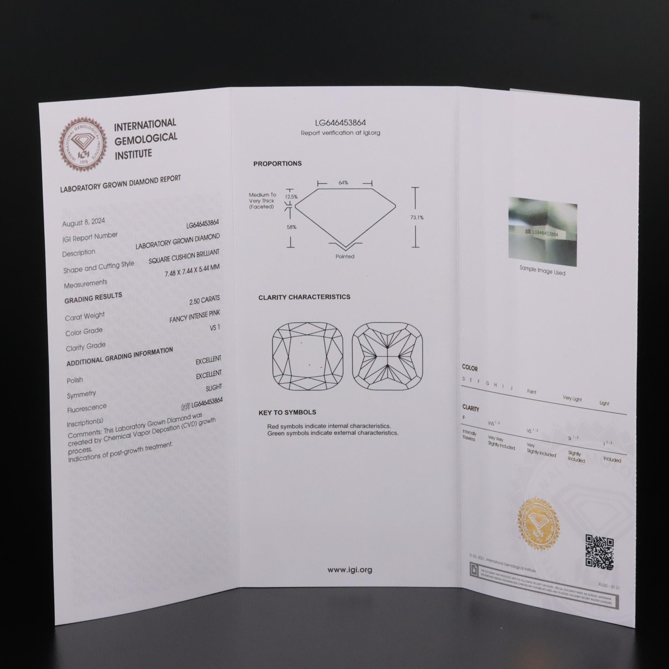 Loose 2.50 CT Fancy Intense Pink Lab Grown Diamond with IGI Report