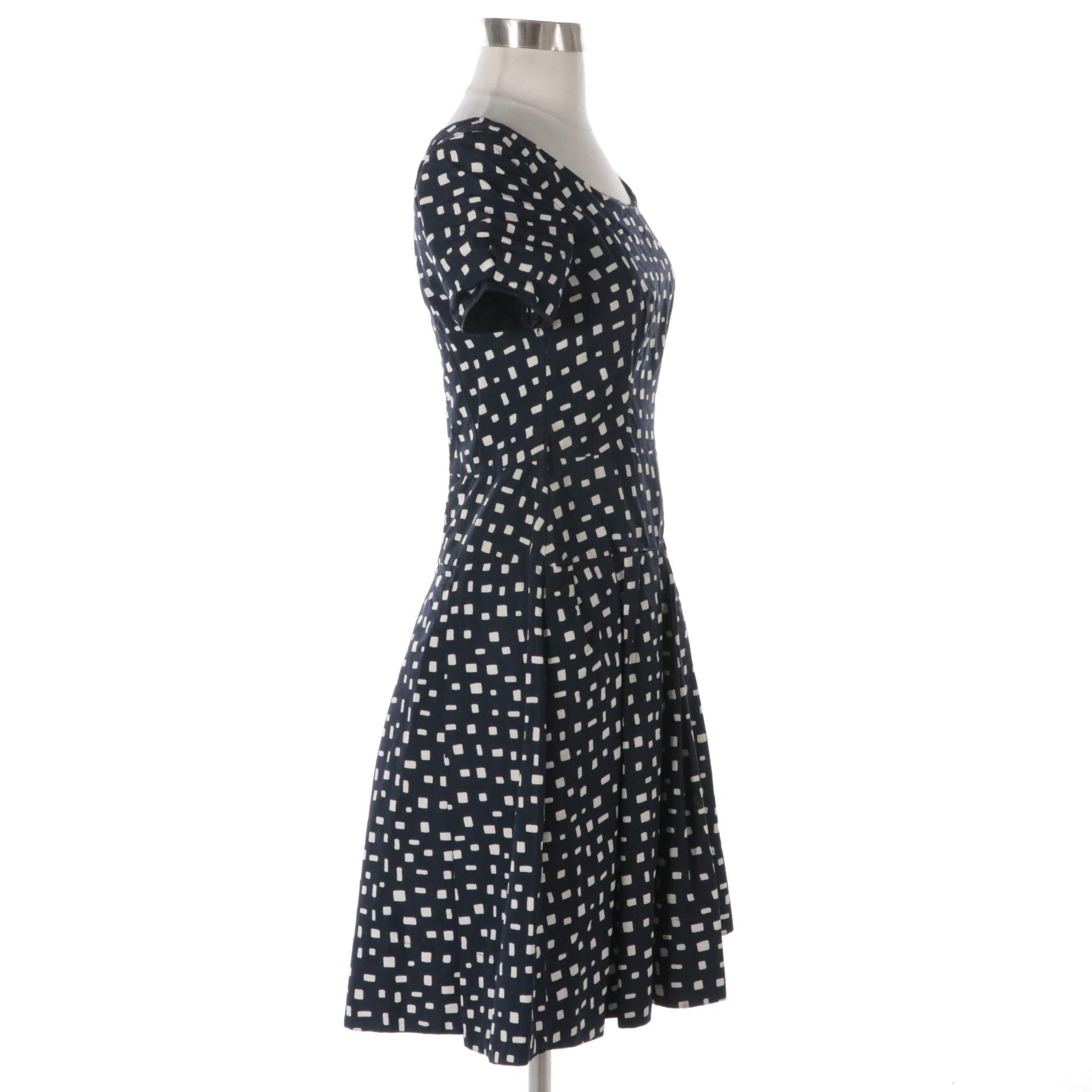 Prada Printed Silk Crepe Vintage Inspired Dress in Navy/White