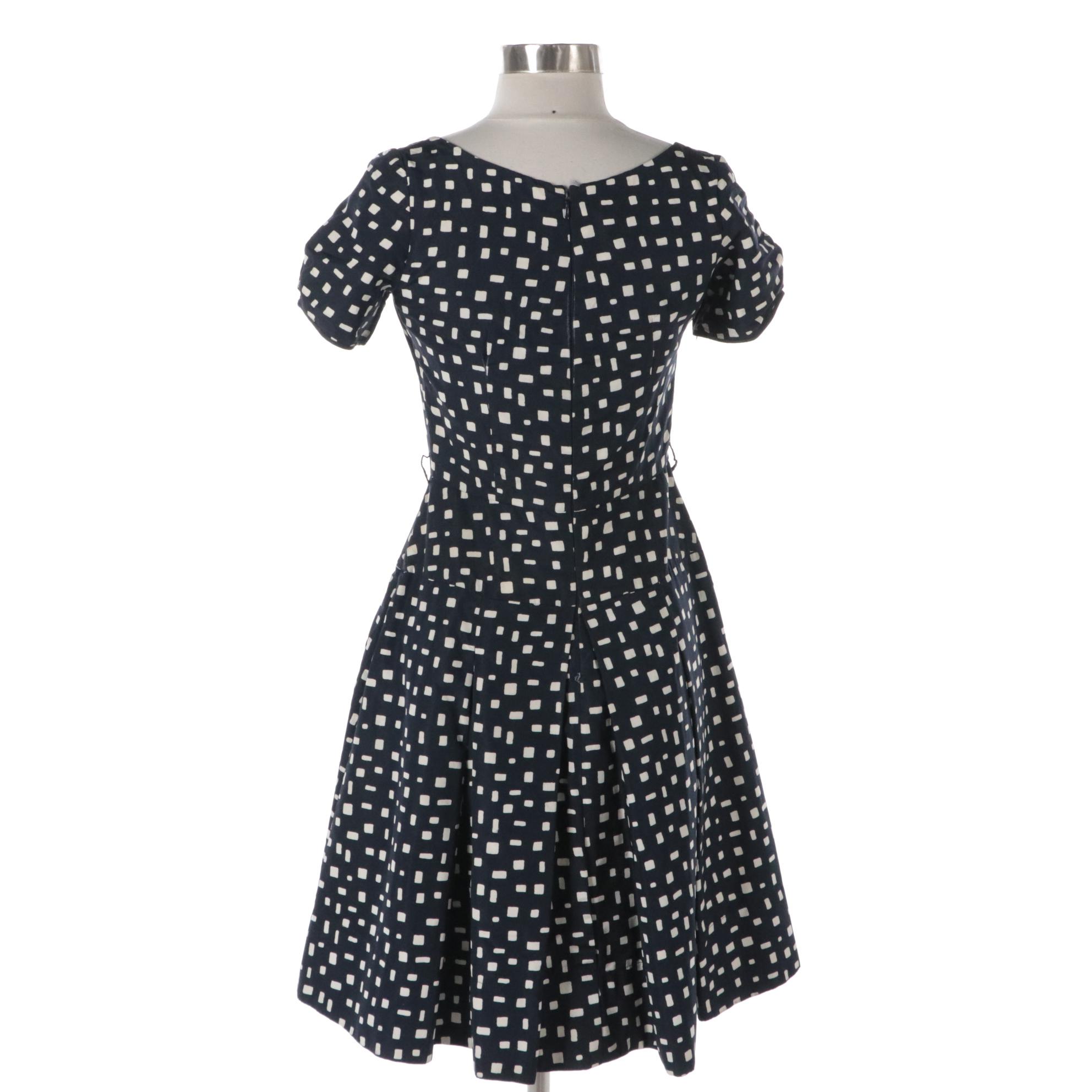 Prada Printed Silk Crepe Vintage Inspired Dress in Navy/White