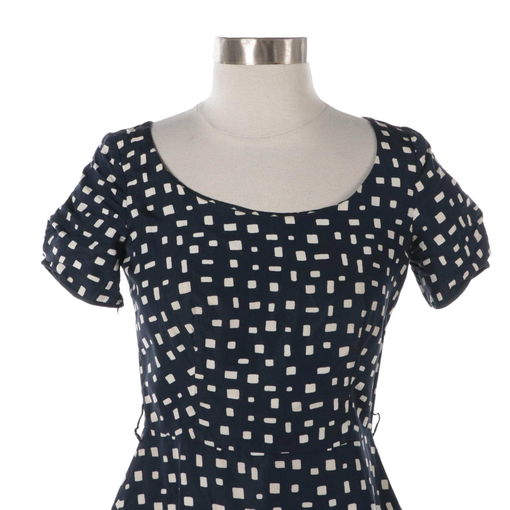 Prada Printed Silk Crepe Vintage Inspired Dress in Navy/White