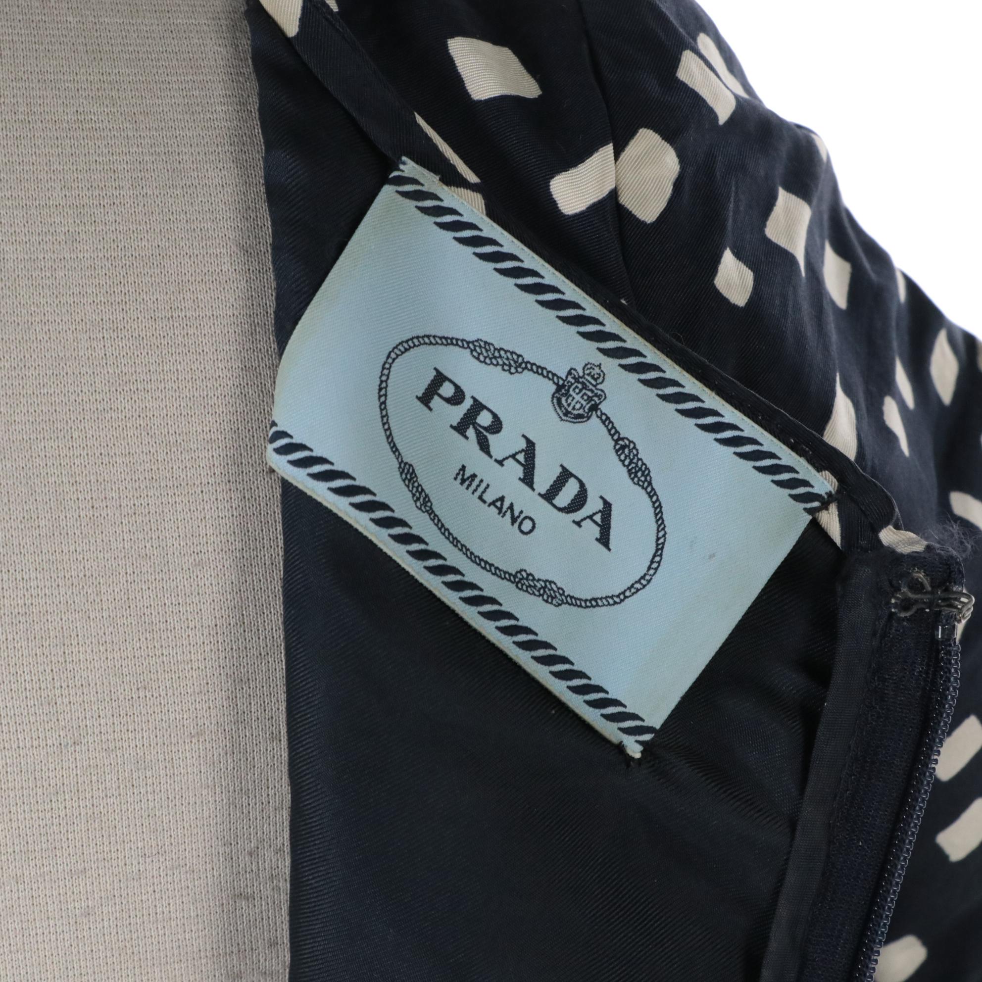 Prada Printed Silk Crepe Vintage Inspired Dress in Navy/White