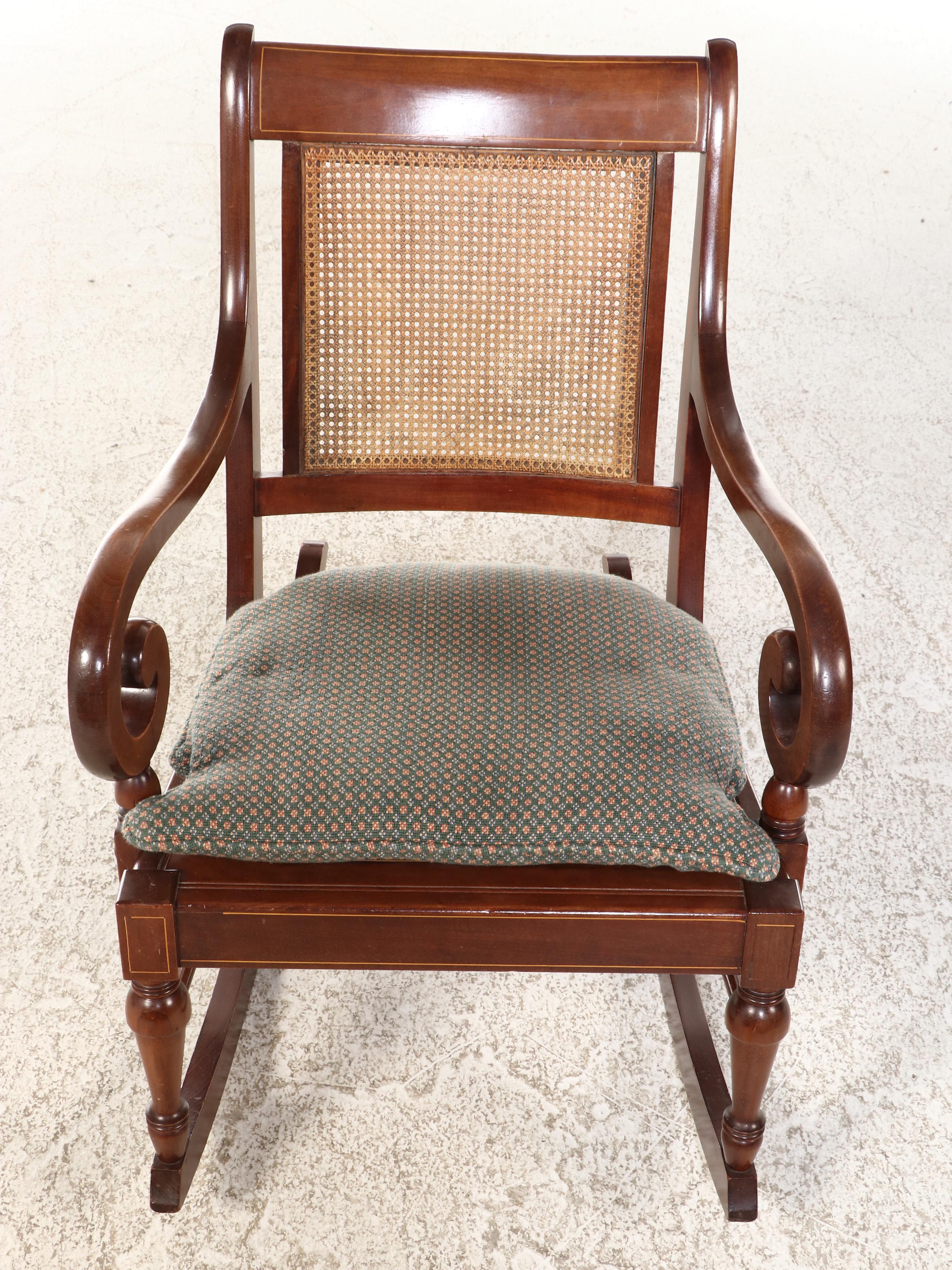 Michigan Chair Company Colonial Revival Mahogany, String-Inlaid, & Caned Rocker