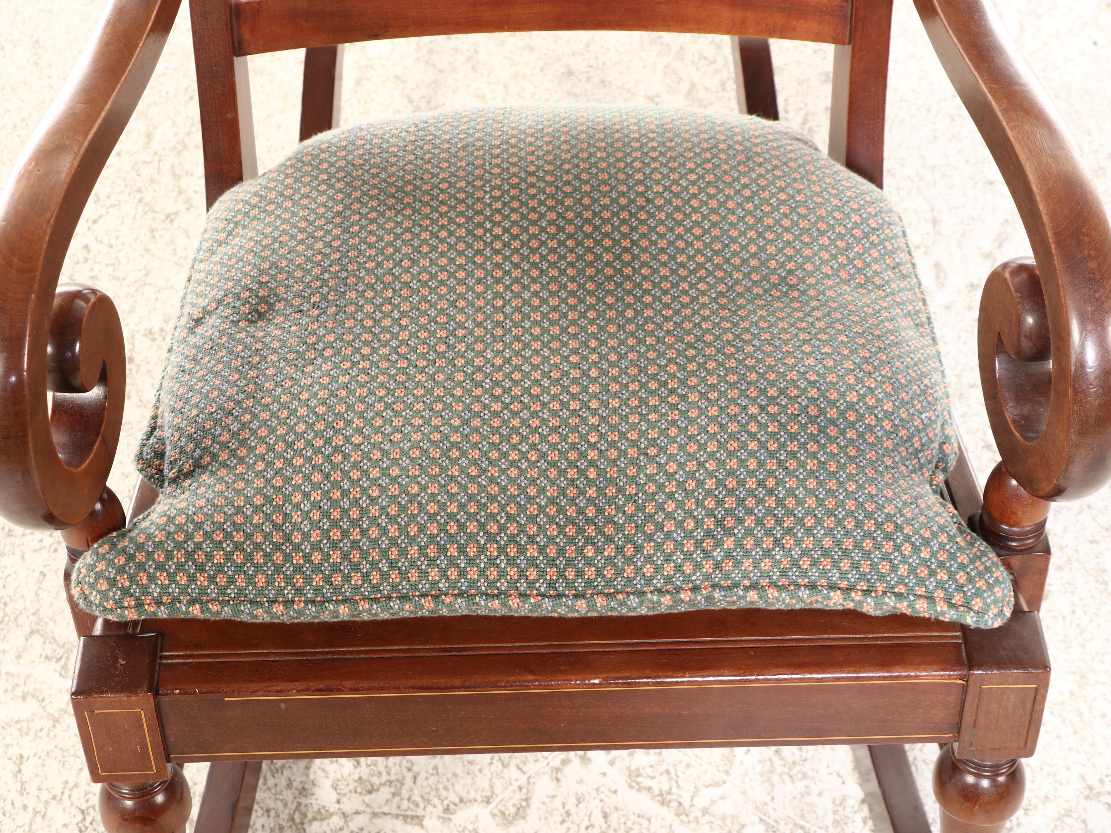 Michigan Chair Company Colonial Revival Mahogany, String-Inlaid, & Caned Rocker