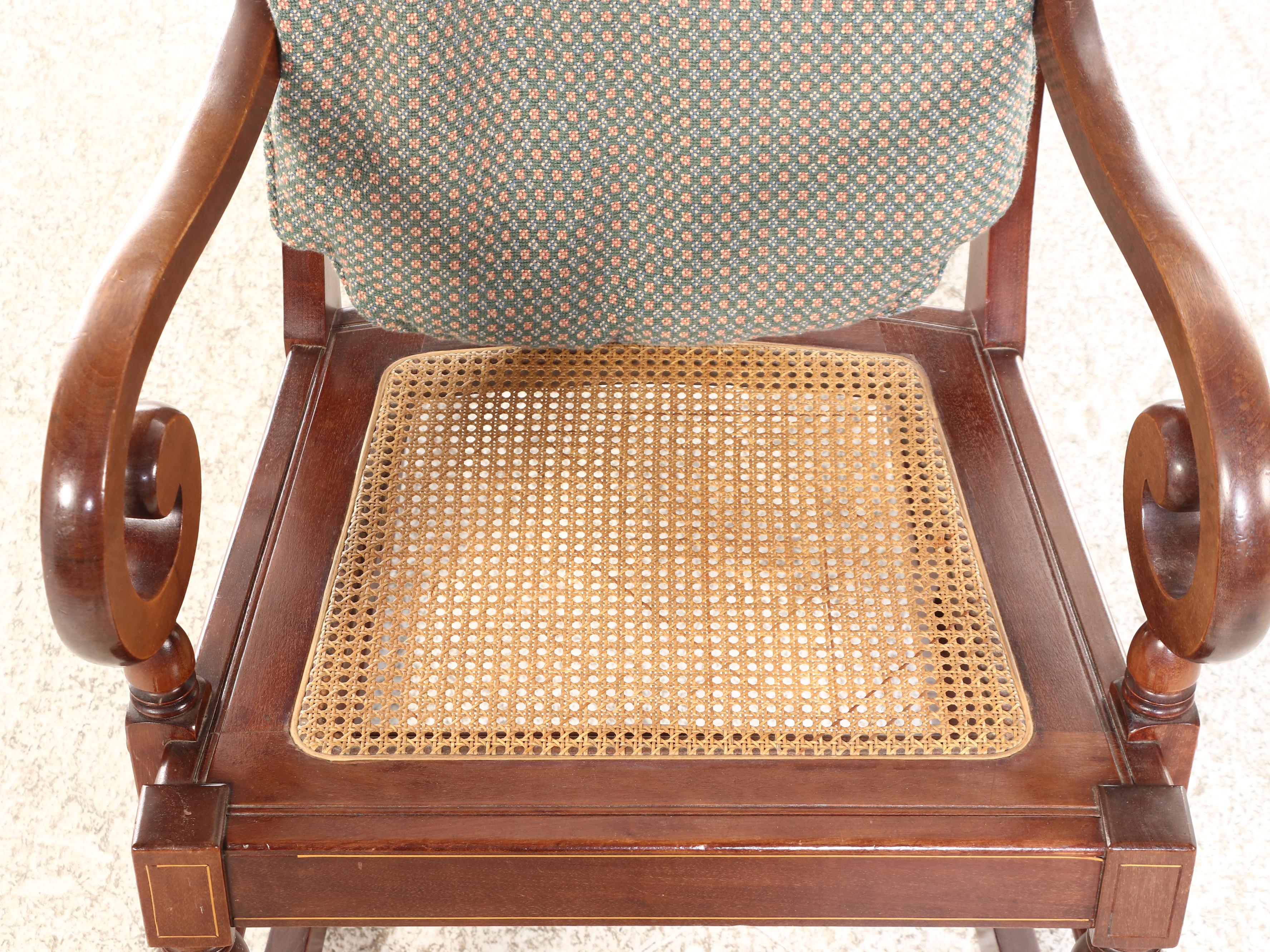 Michigan Chair Company Colonial Revival Mahogany, String-Inlaid, & Caned Rocker
