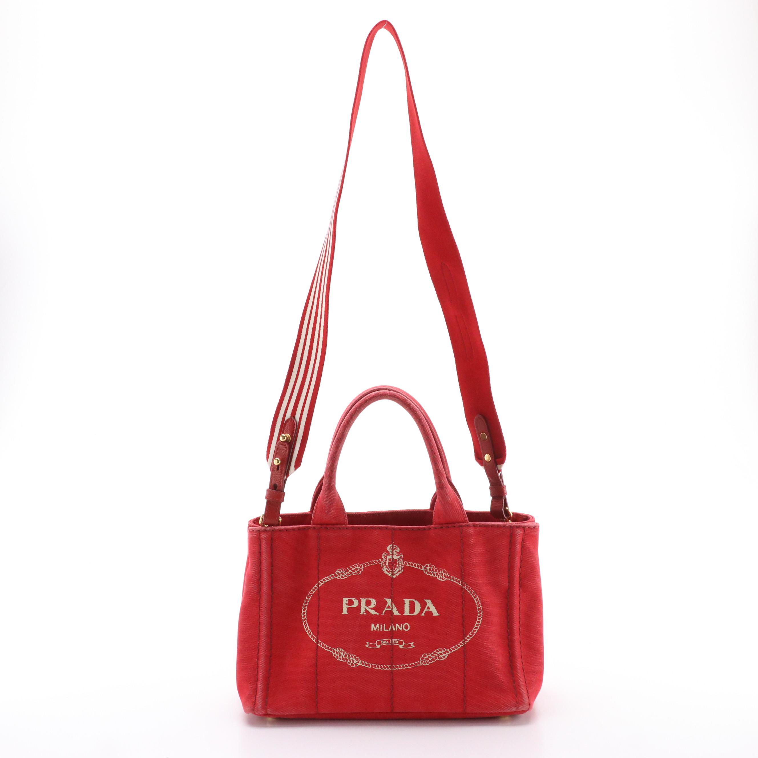 Prada Red Canvas Canapa Logo Two-Way Tote Bag with Striped Strap