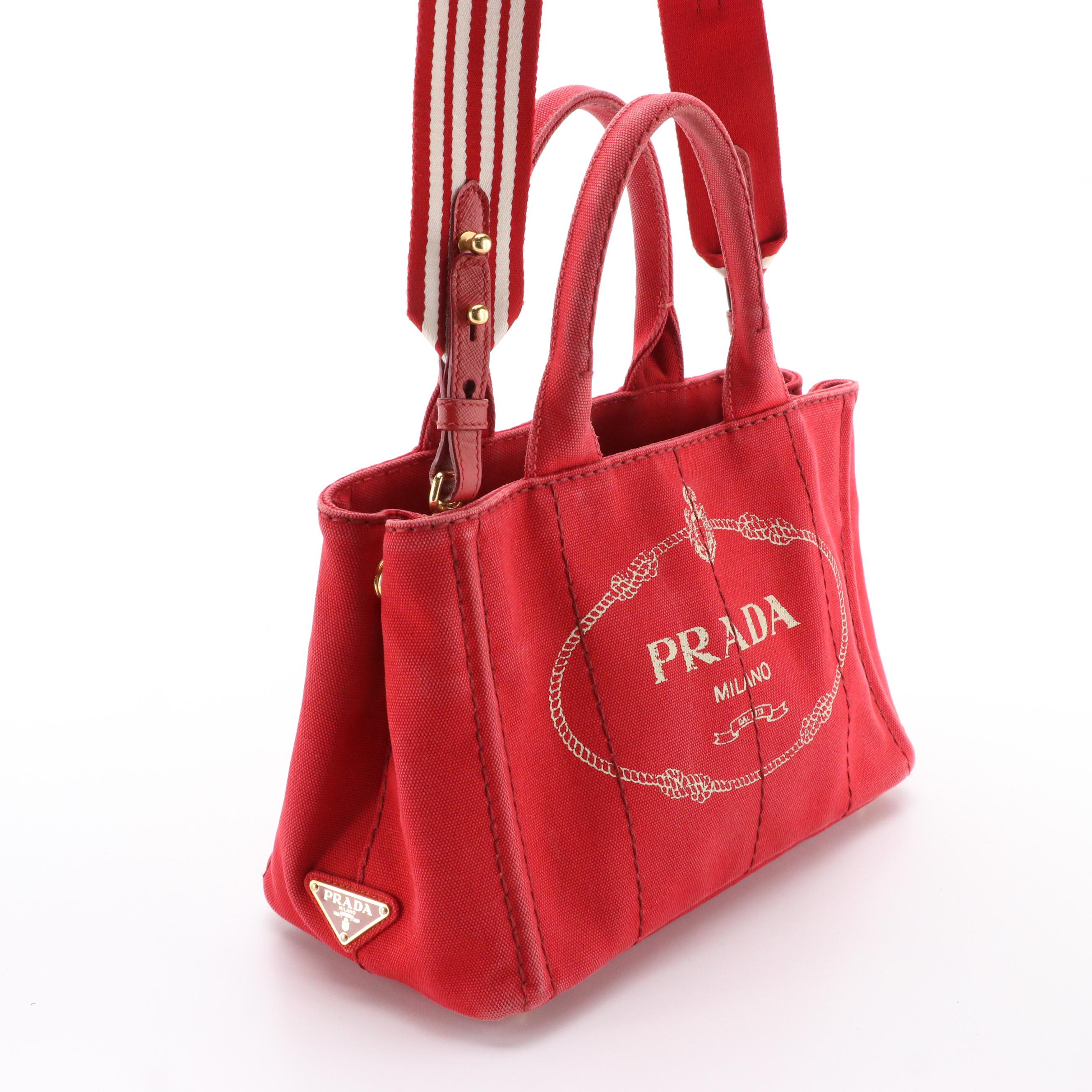 Prada Red Canvas Canapa Logo Two-Way Tote Bag with Striped Strap