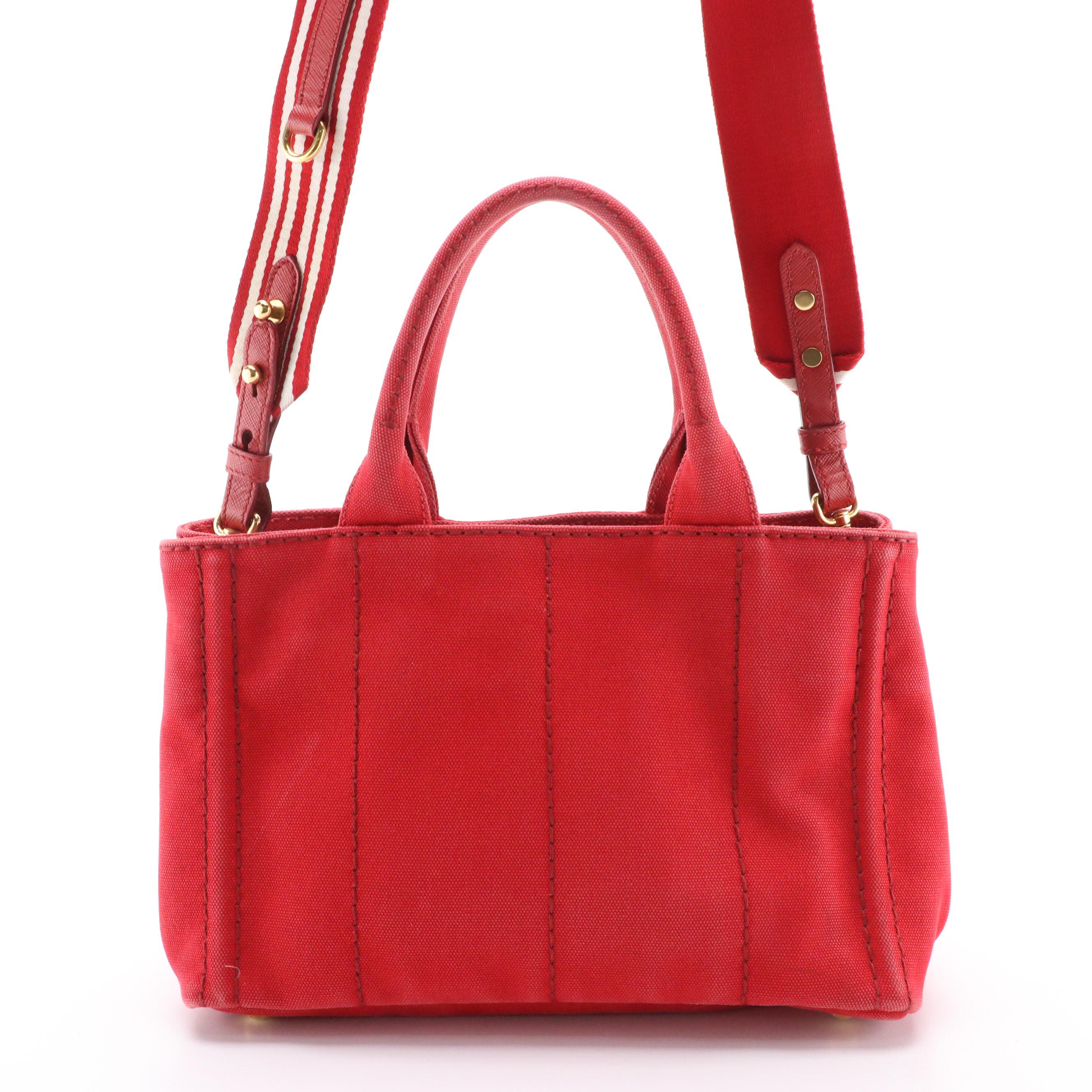 Prada Red Canvas Canapa Logo Two-Way Tote Bag with Striped Strap
