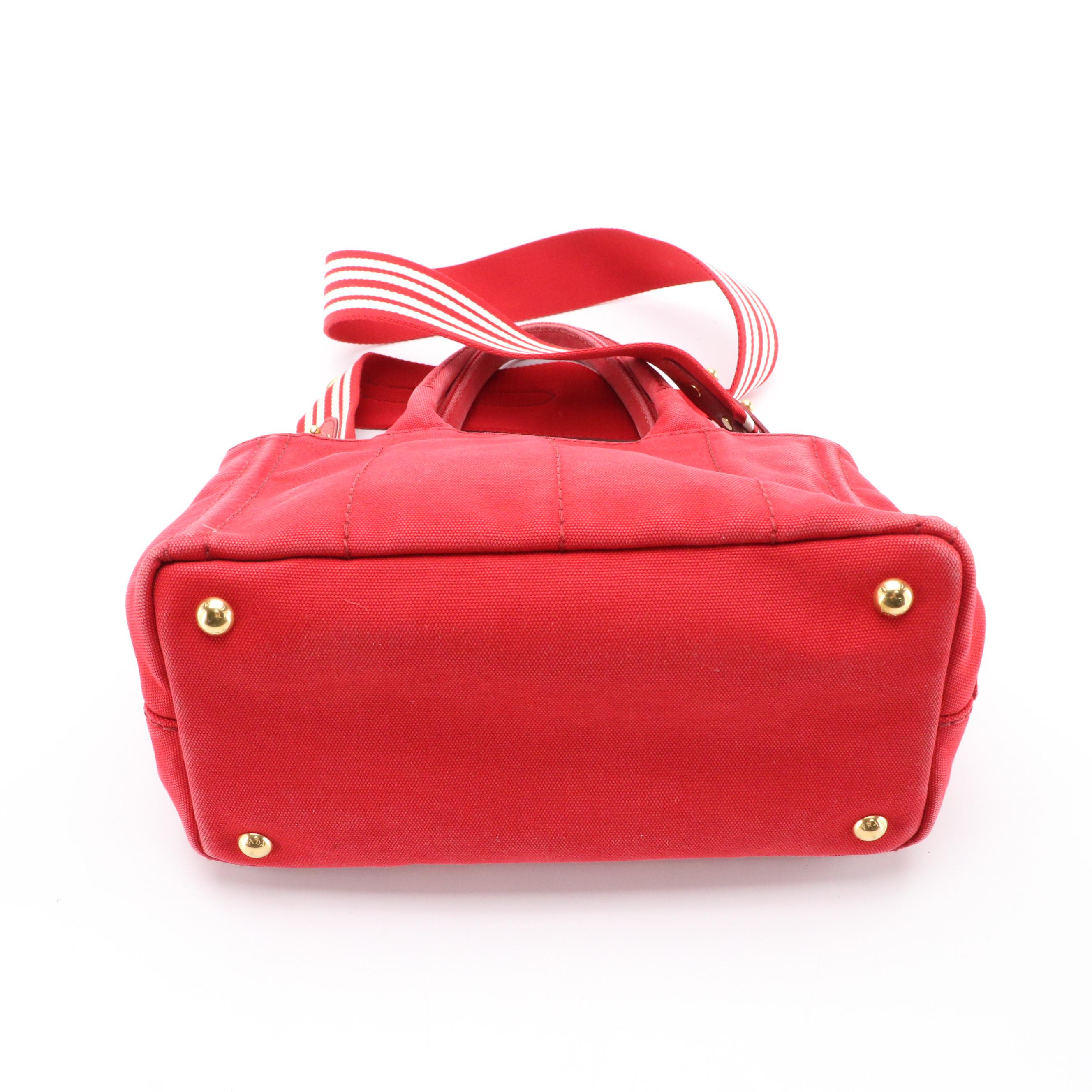 Prada Red Canvas Canapa Logo Two-Way Tote Bag with Striped Strap