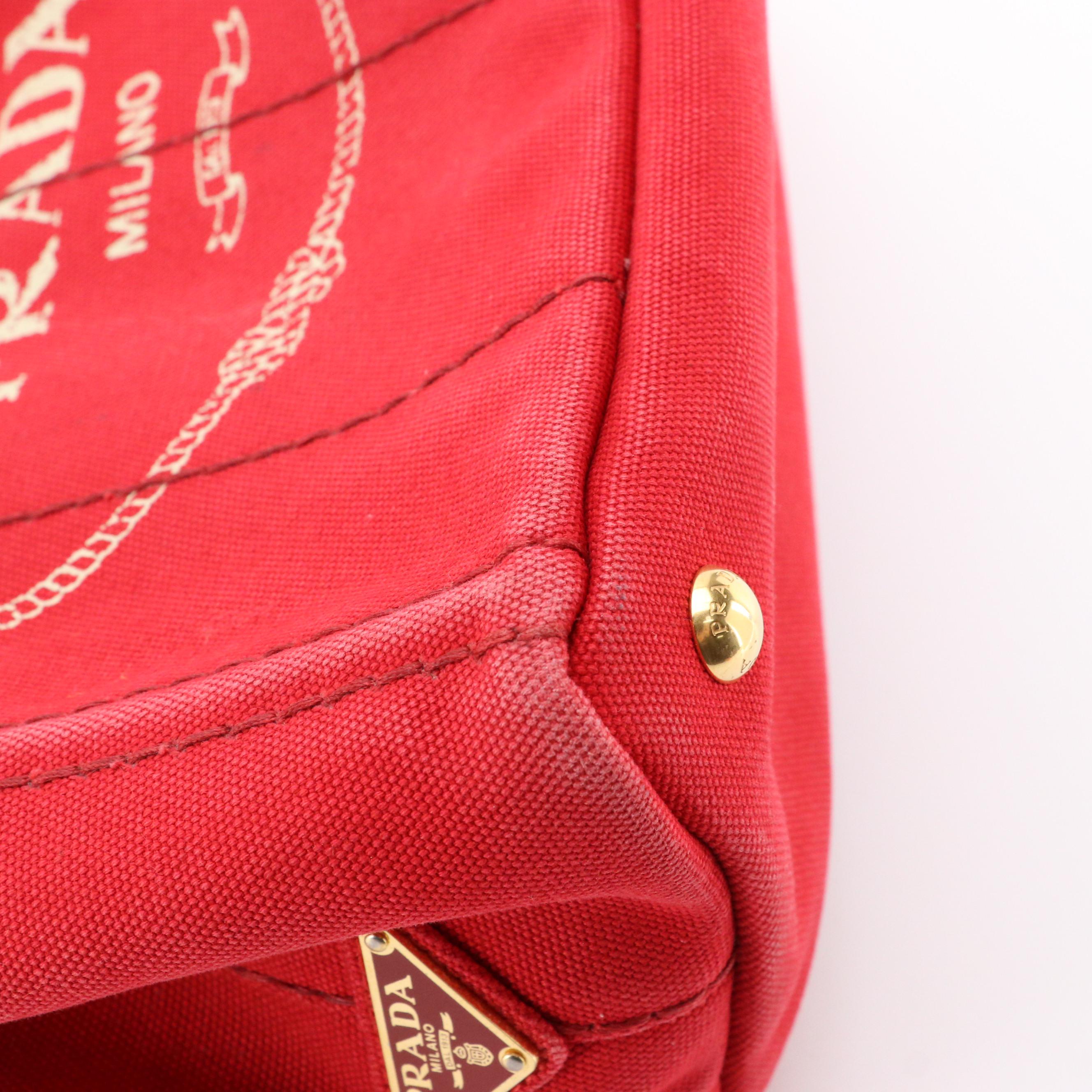 Prada Red Canvas Canapa Logo Two-Way Tote Bag with Striped Strap