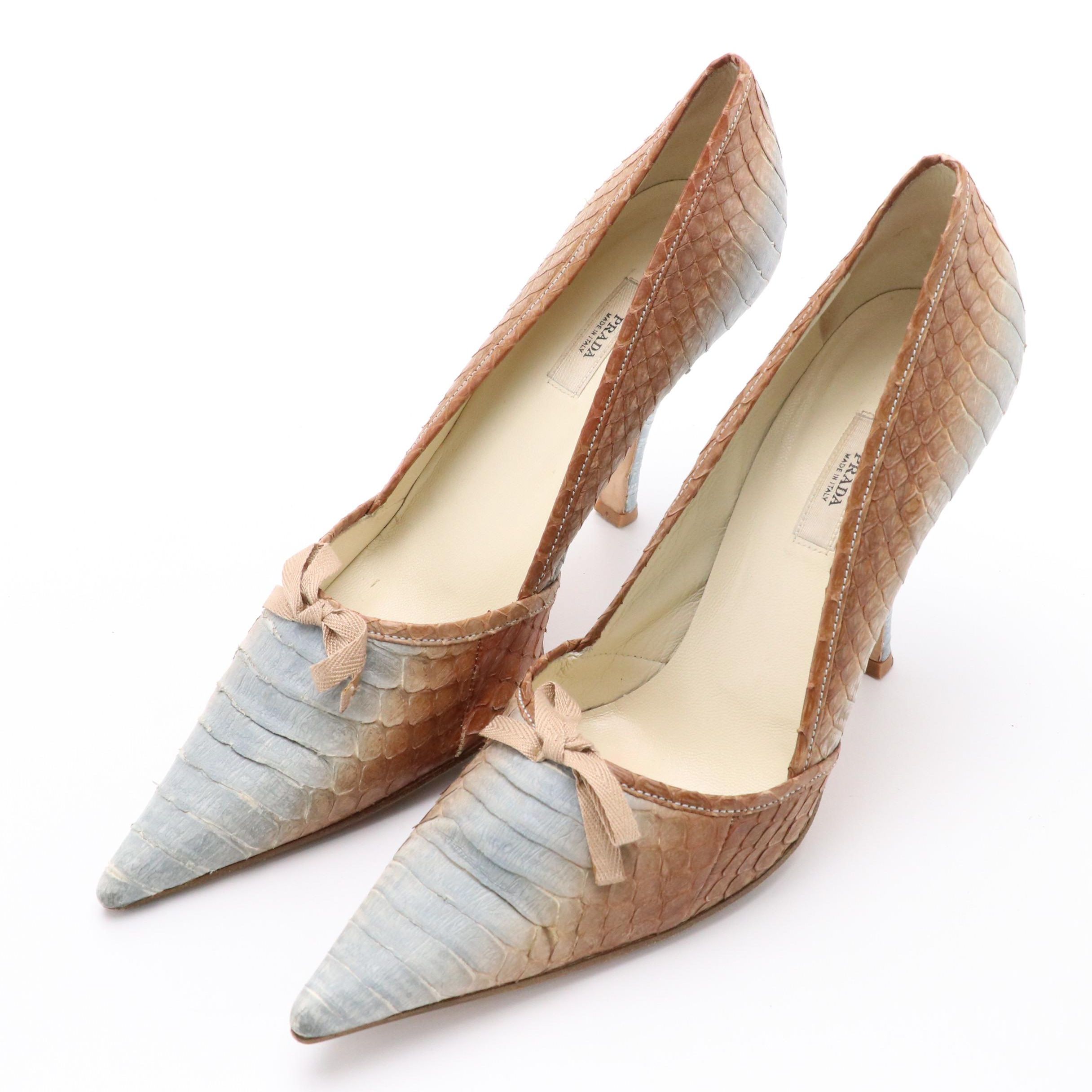 Prada Bicolor Ombré Pyton Snakeskin Pointy Toe Bow Pumps