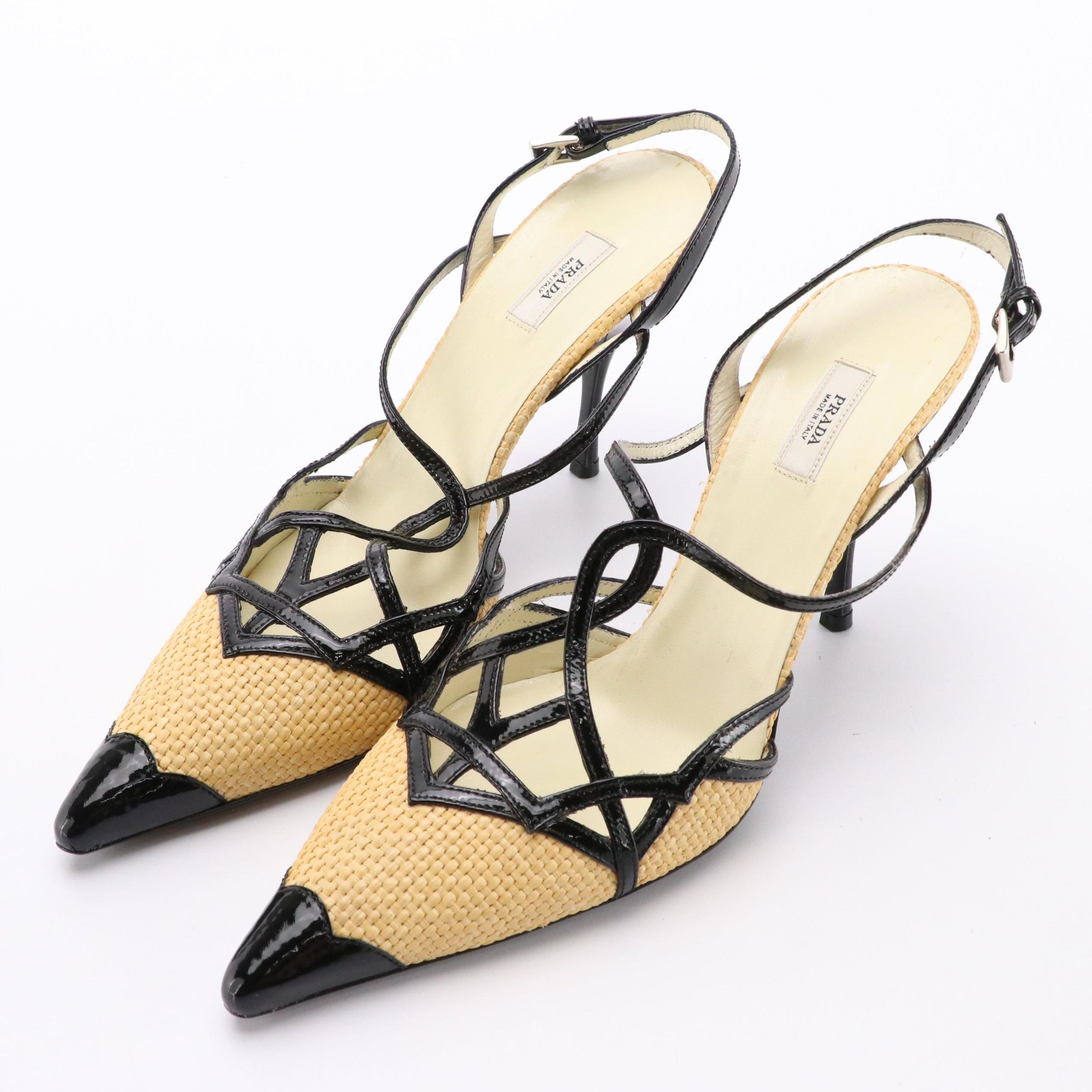 Prada Point-Toe Slingback Heels in Black Patent Leather
