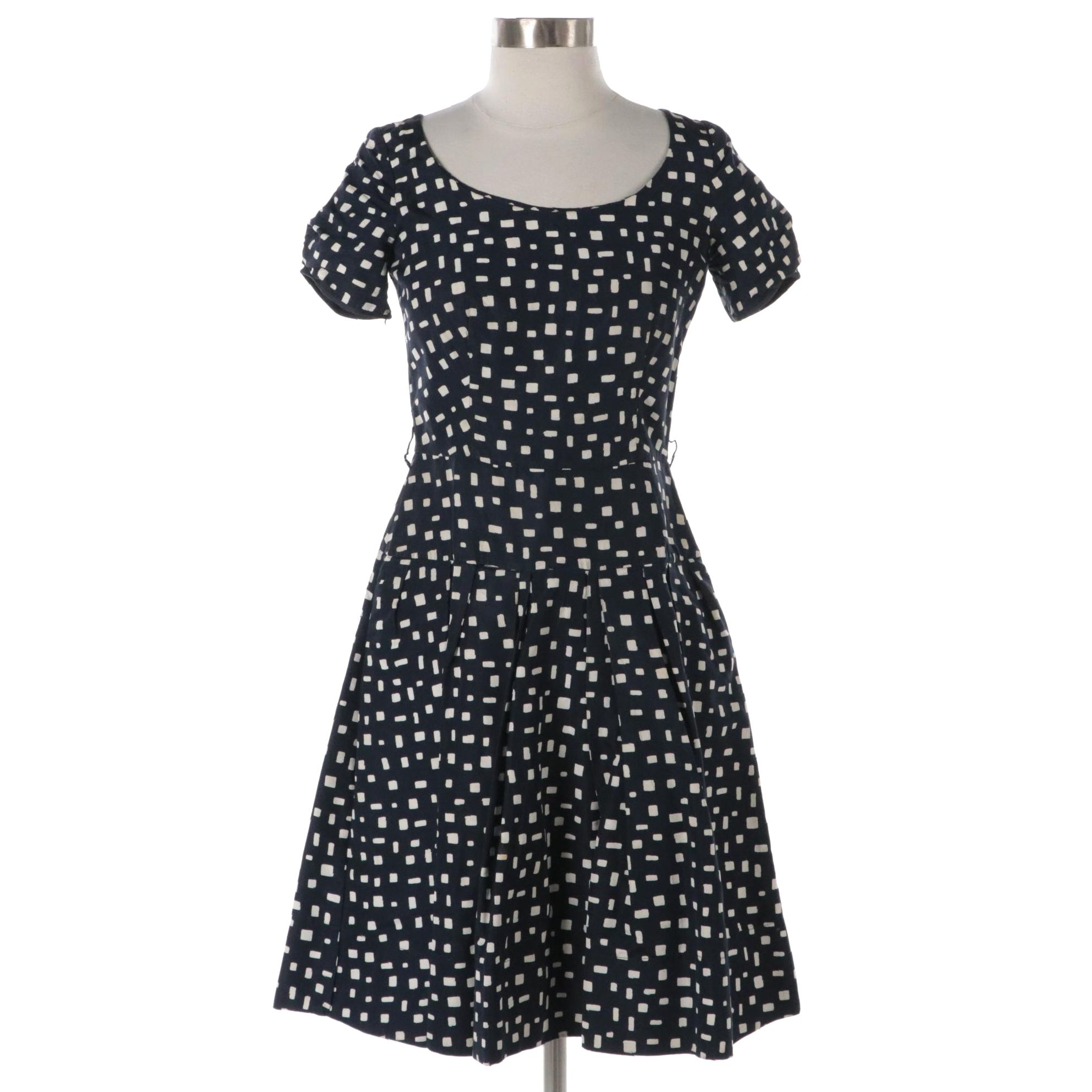 Prada Printed Silk Crepe Vintage Inspired Dress in Navy/White