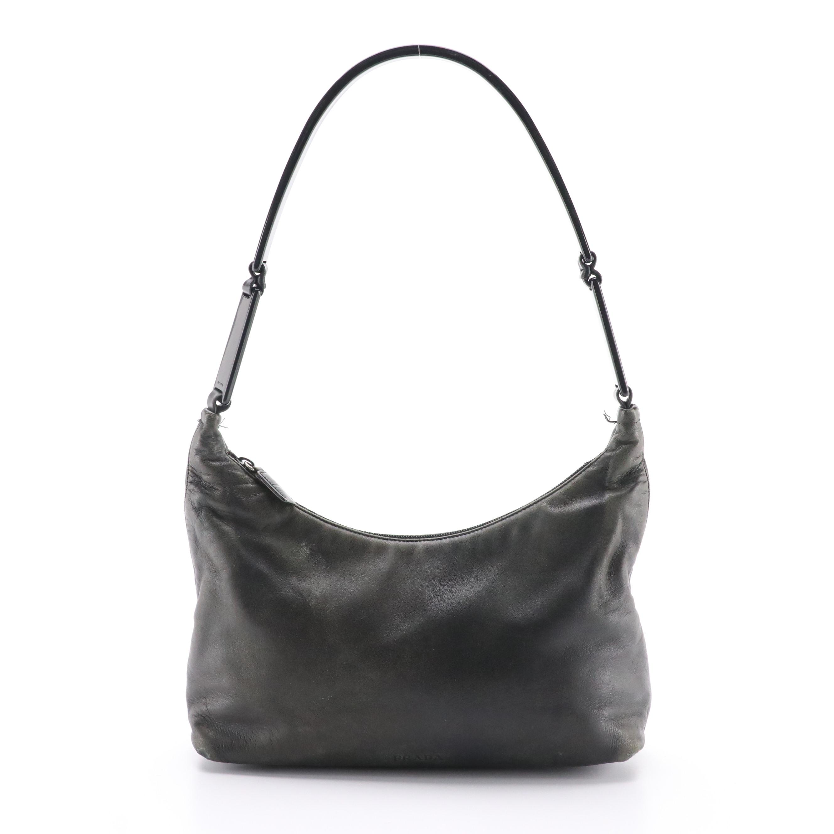 Prada Shoulder Bag in Black Calfskin Leather with Black Resin Arc Handle