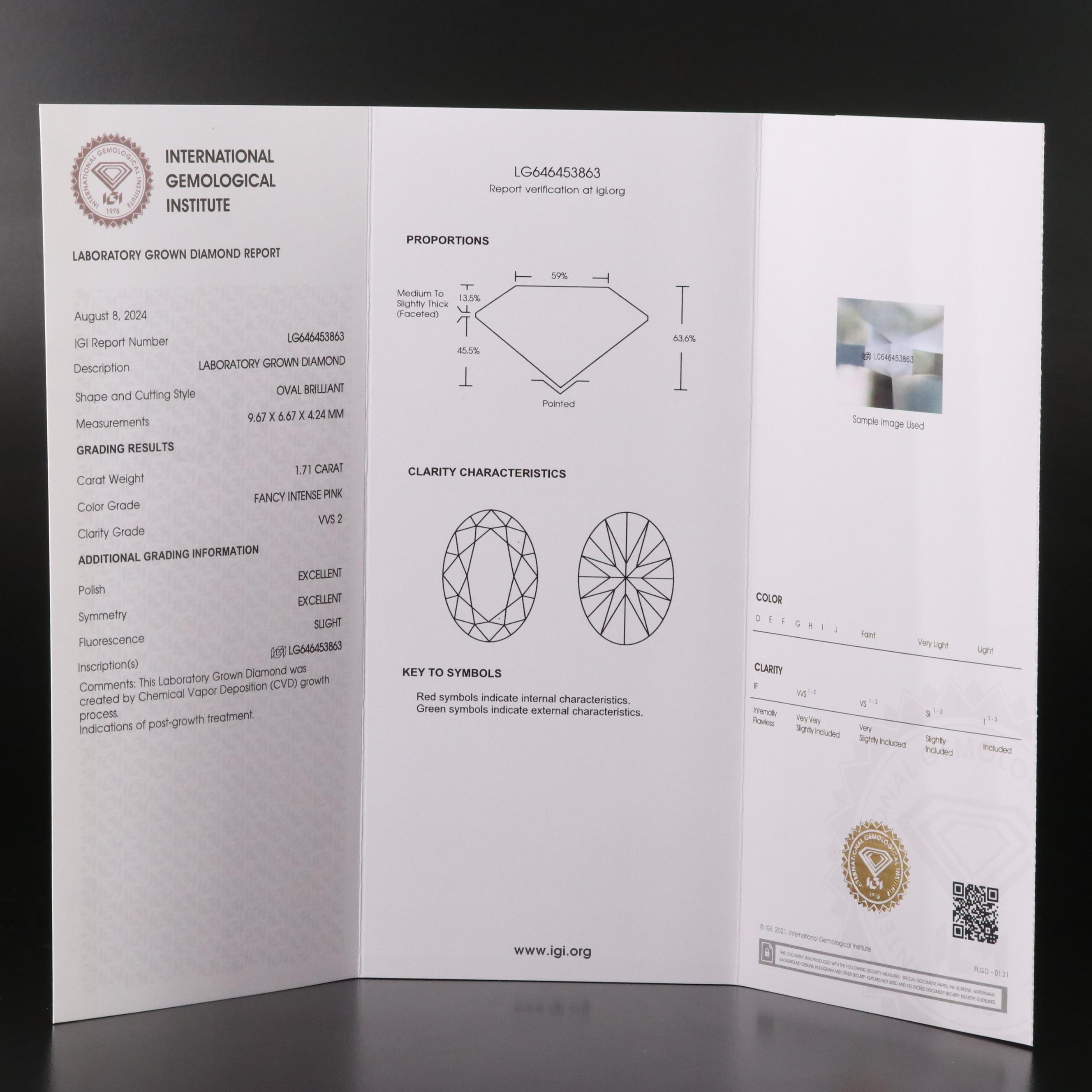 Loose 1.71 CT Fancy Intense Pink Lab Grown Diamond with IGI Report