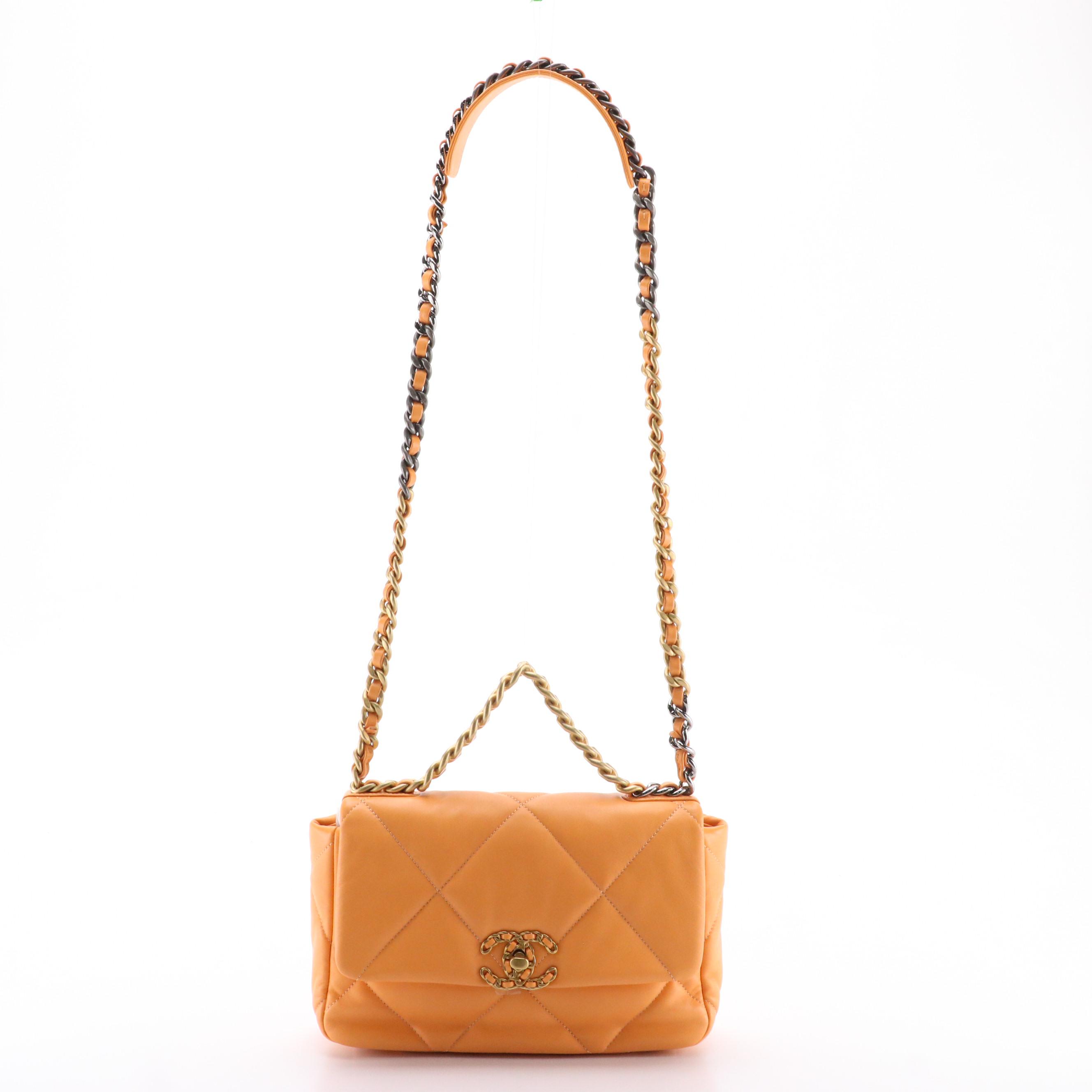 Chanel 19 Small Flap Bag in Quilted Orange Lambskin Leather