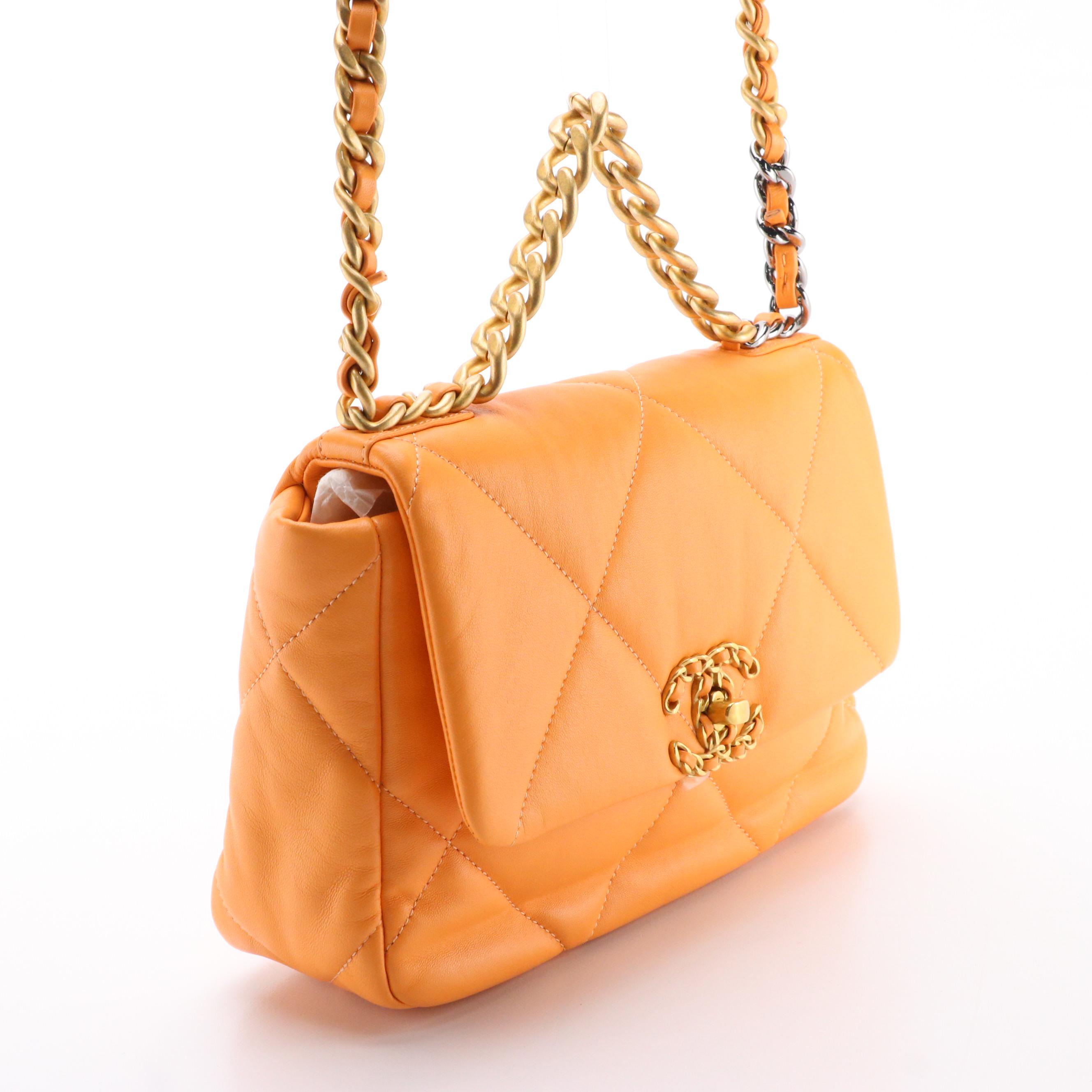 Chanel 19 Small Flap Bag in Quilted Orange Lambskin Leather