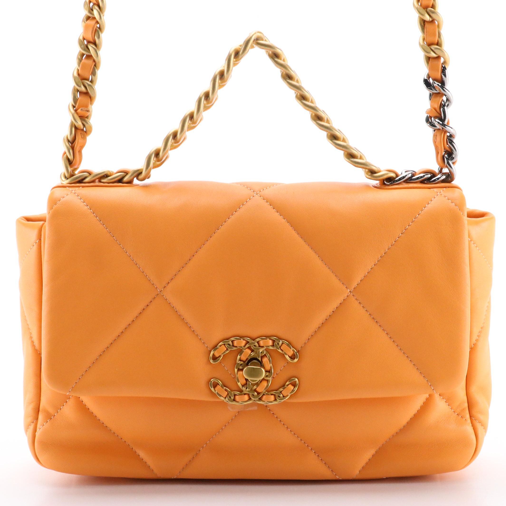 Chanel 19 Small Flap Bag in Quilted Orange Lambskin Leather