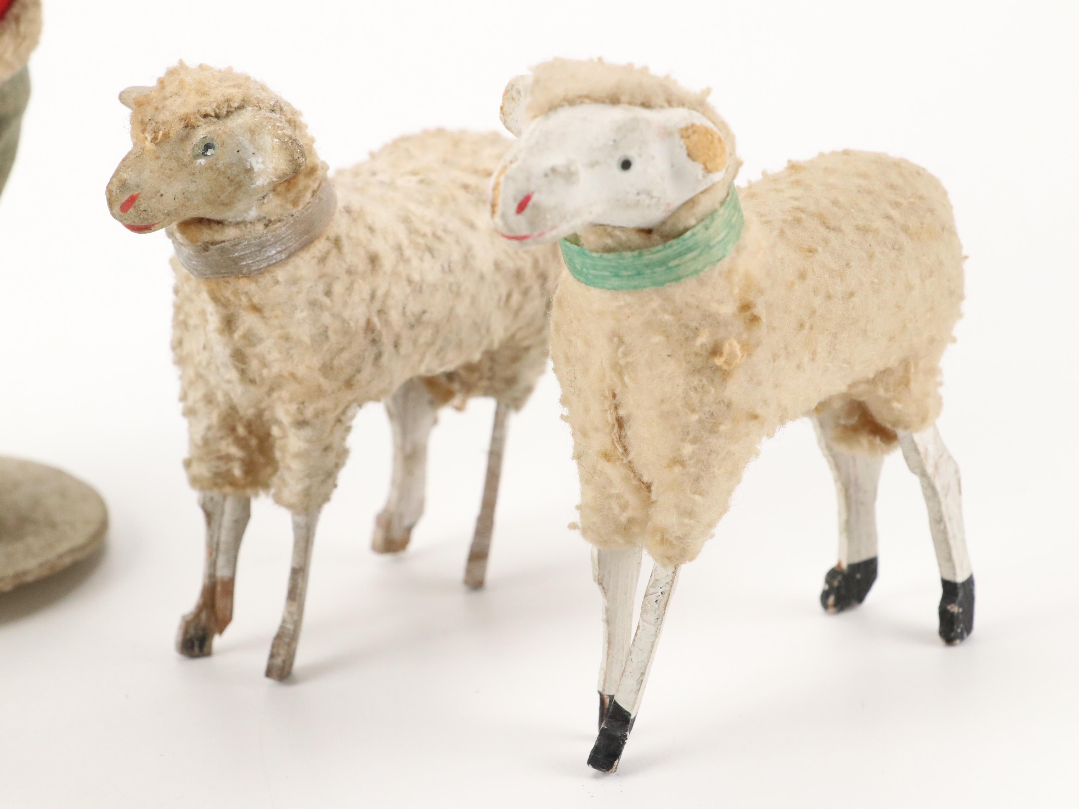 Santa Claus Candy Container with German Wooly Putz Sheep, 20th Century