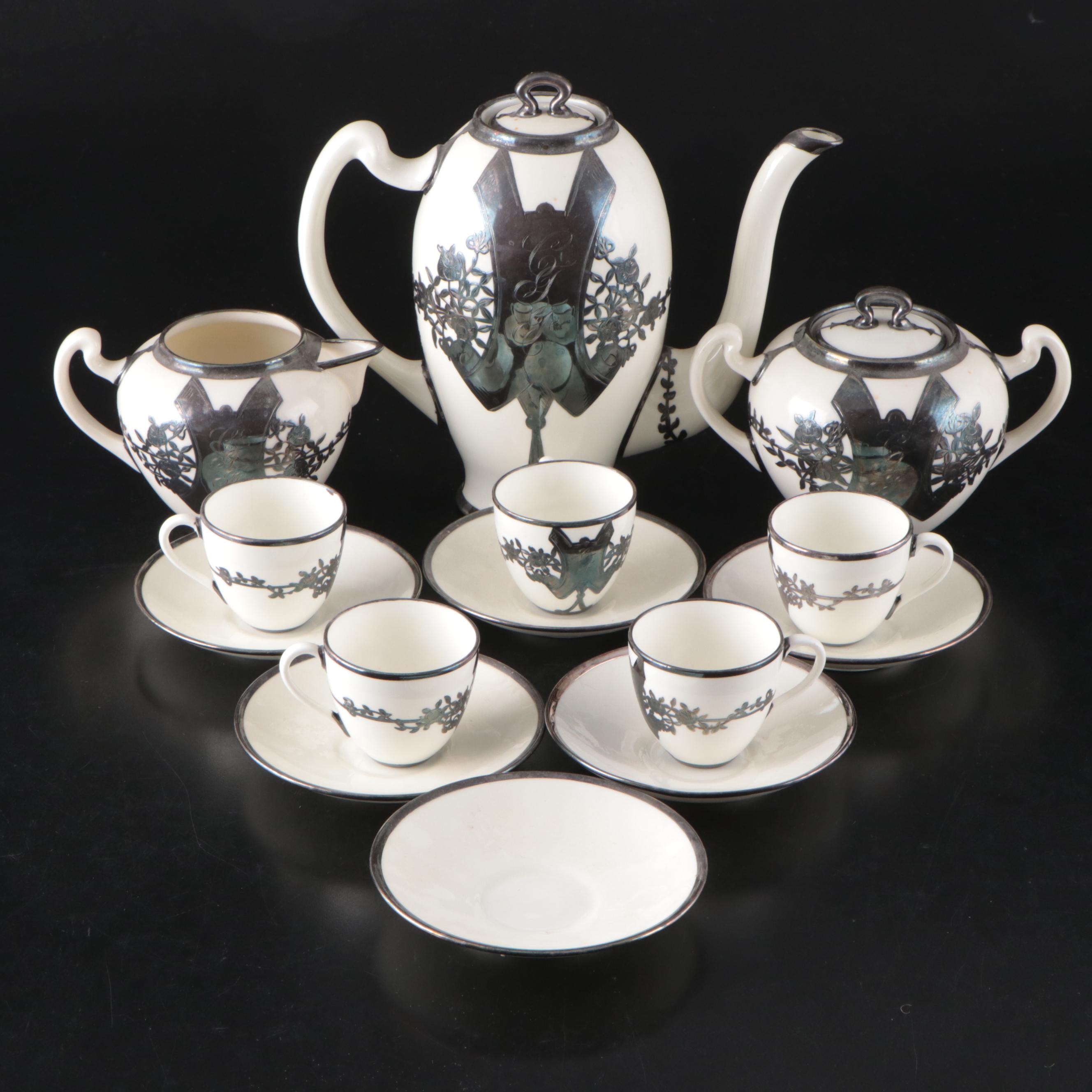 English Mauser Silver Overlay Porcelain Tea Set, Early 20th Century