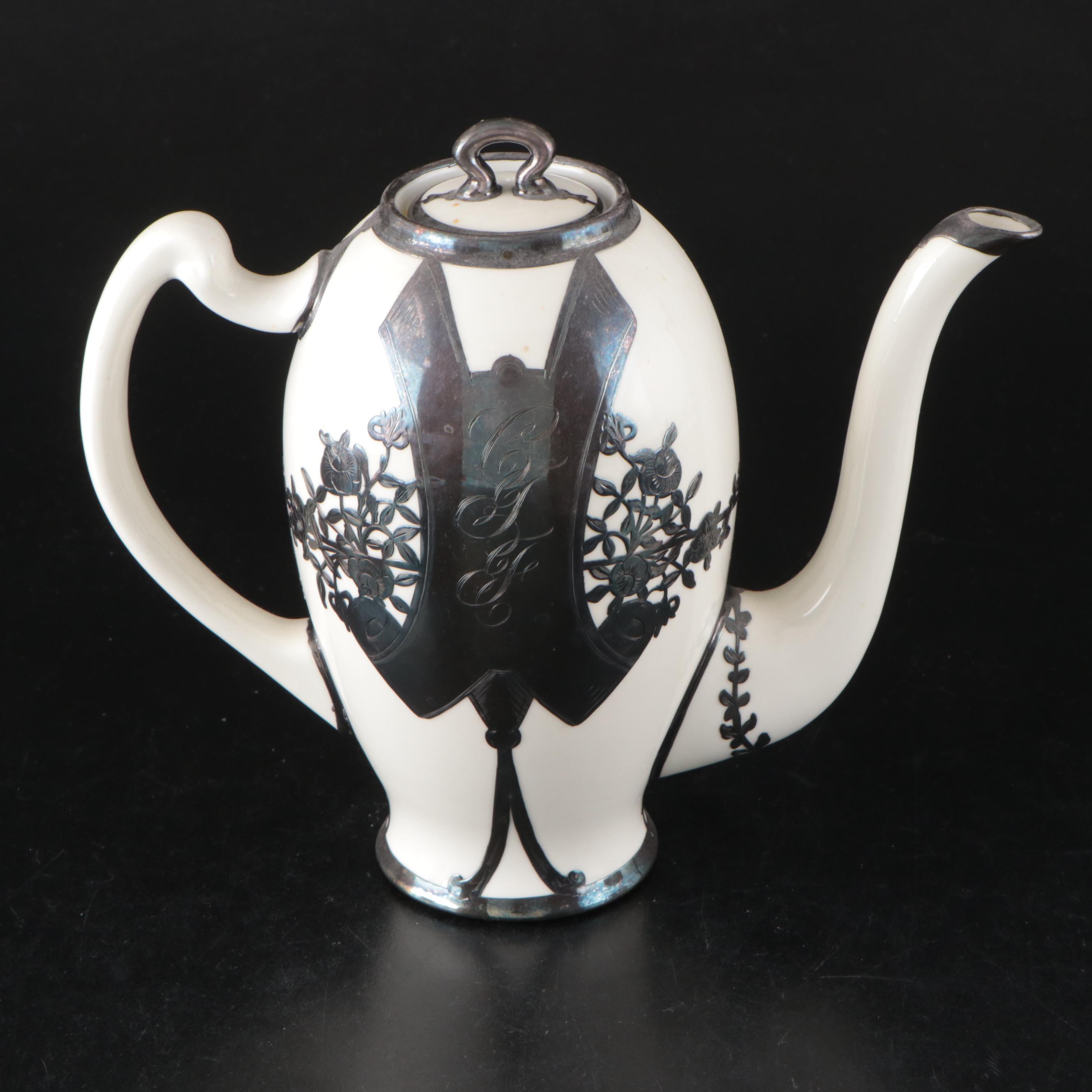 English Mauser Silver Overlay Porcelain Tea Set, Early 20th Century