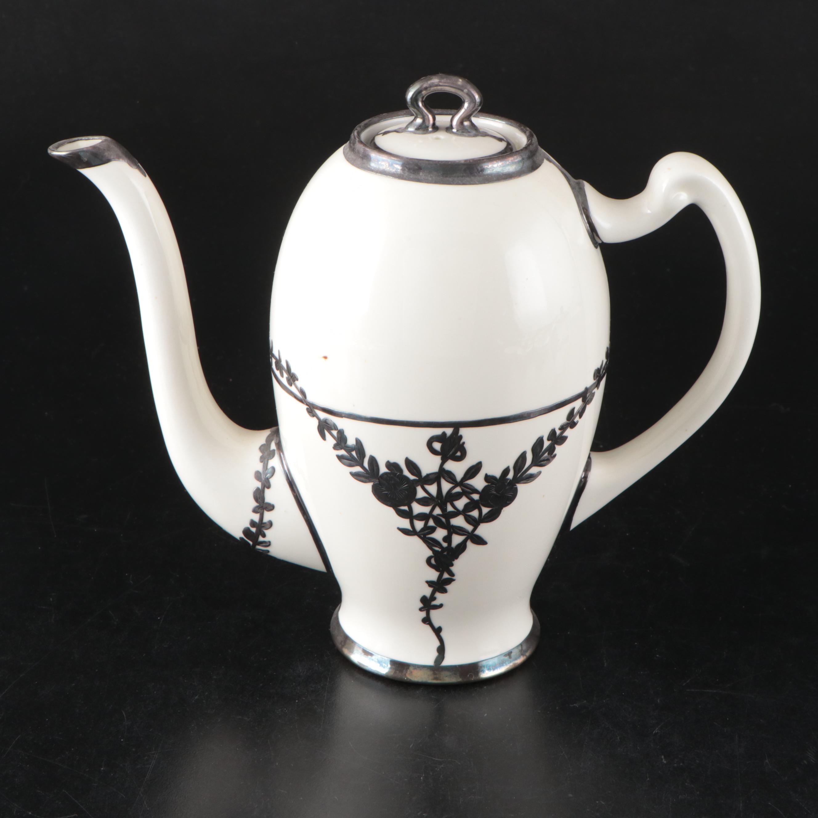 English Mauser Silver Overlay Porcelain Tea Set, Early 20th Century