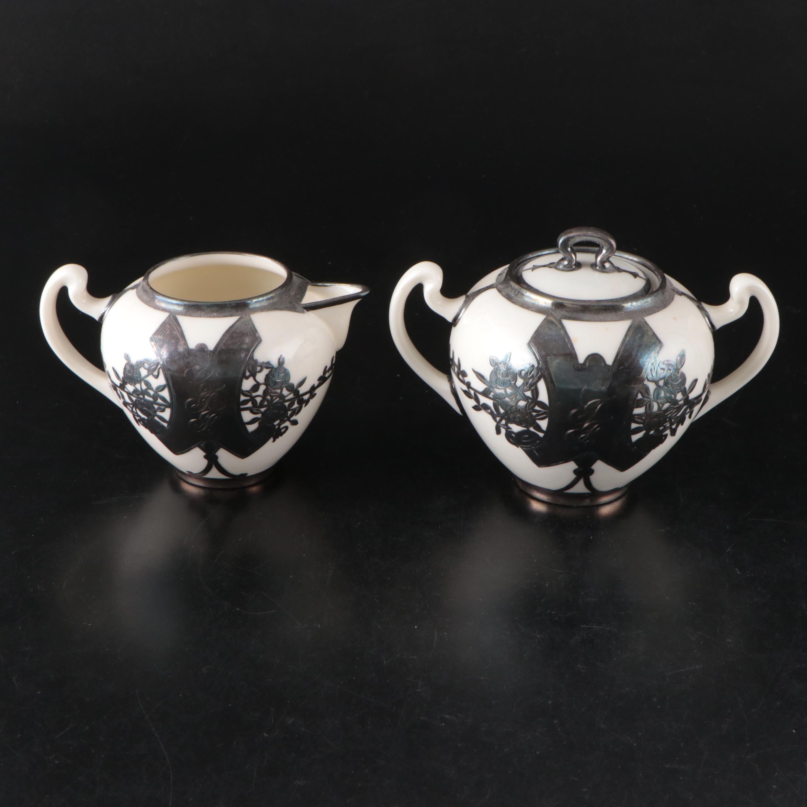 English Mauser Silver Overlay Porcelain Tea Set, Early 20th Century