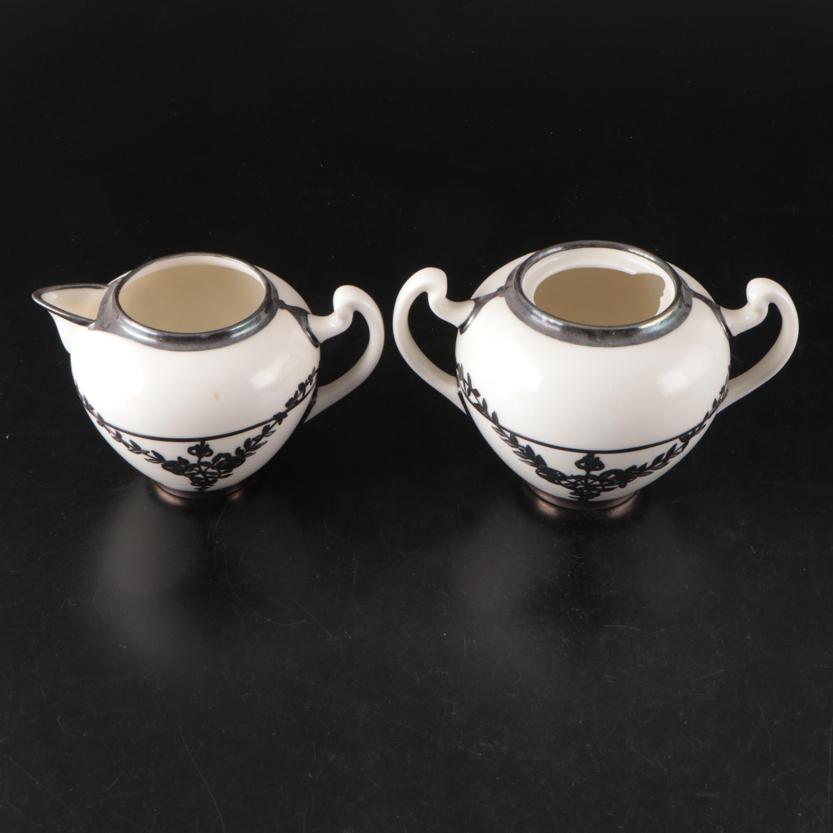 English Mauser Silver Overlay Porcelain Tea Set, Early 20th Century