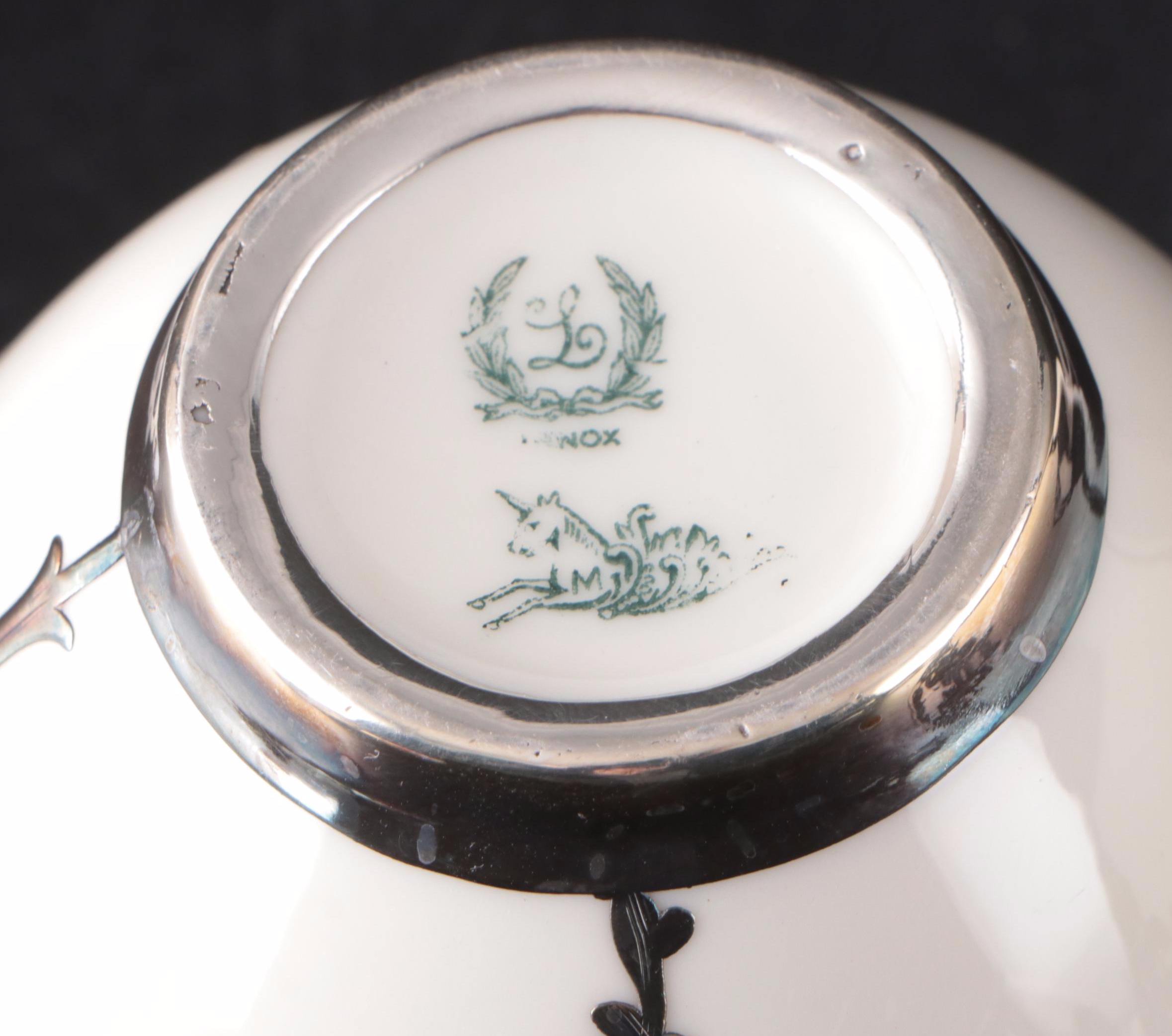 English Mauser Silver Overlay Porcelain Tea Set, Early 20th Century