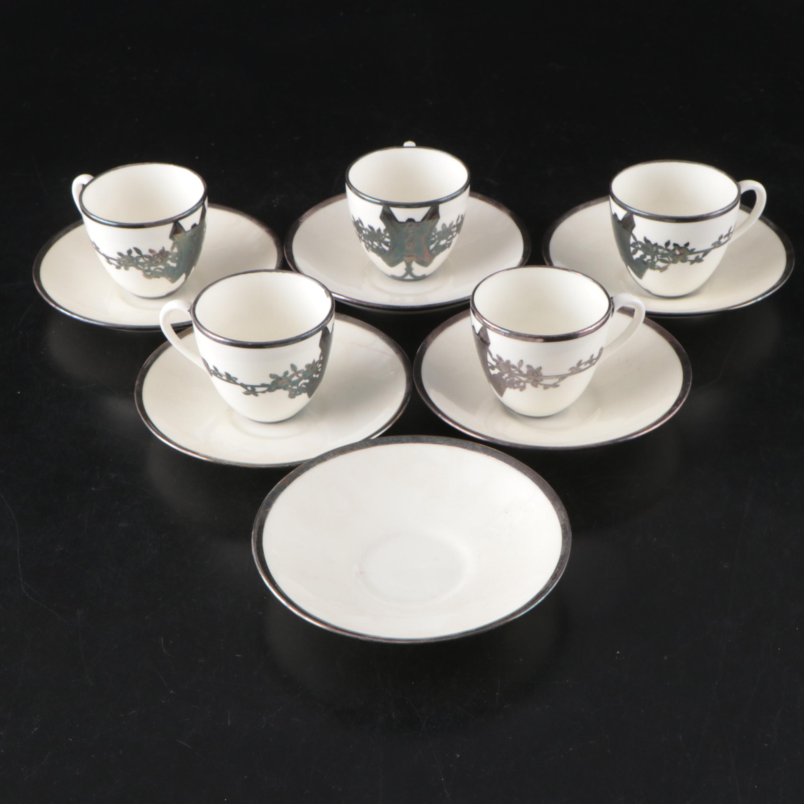 English Mauser Silver Overlay Porcelain Tea Set, Early 20th Century