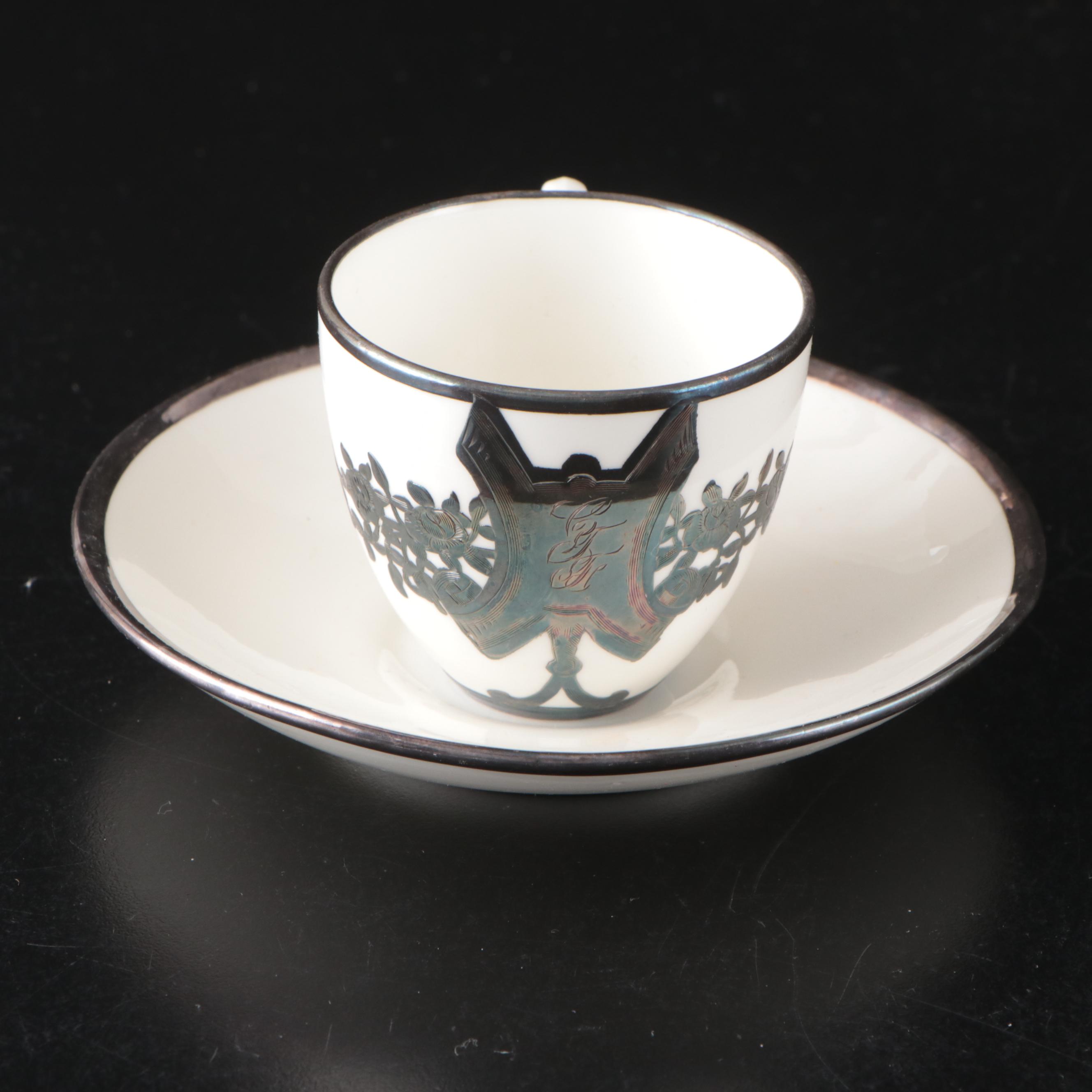 English Mauser Silver Overlay Porcelain Tea Set, Early 20th Century