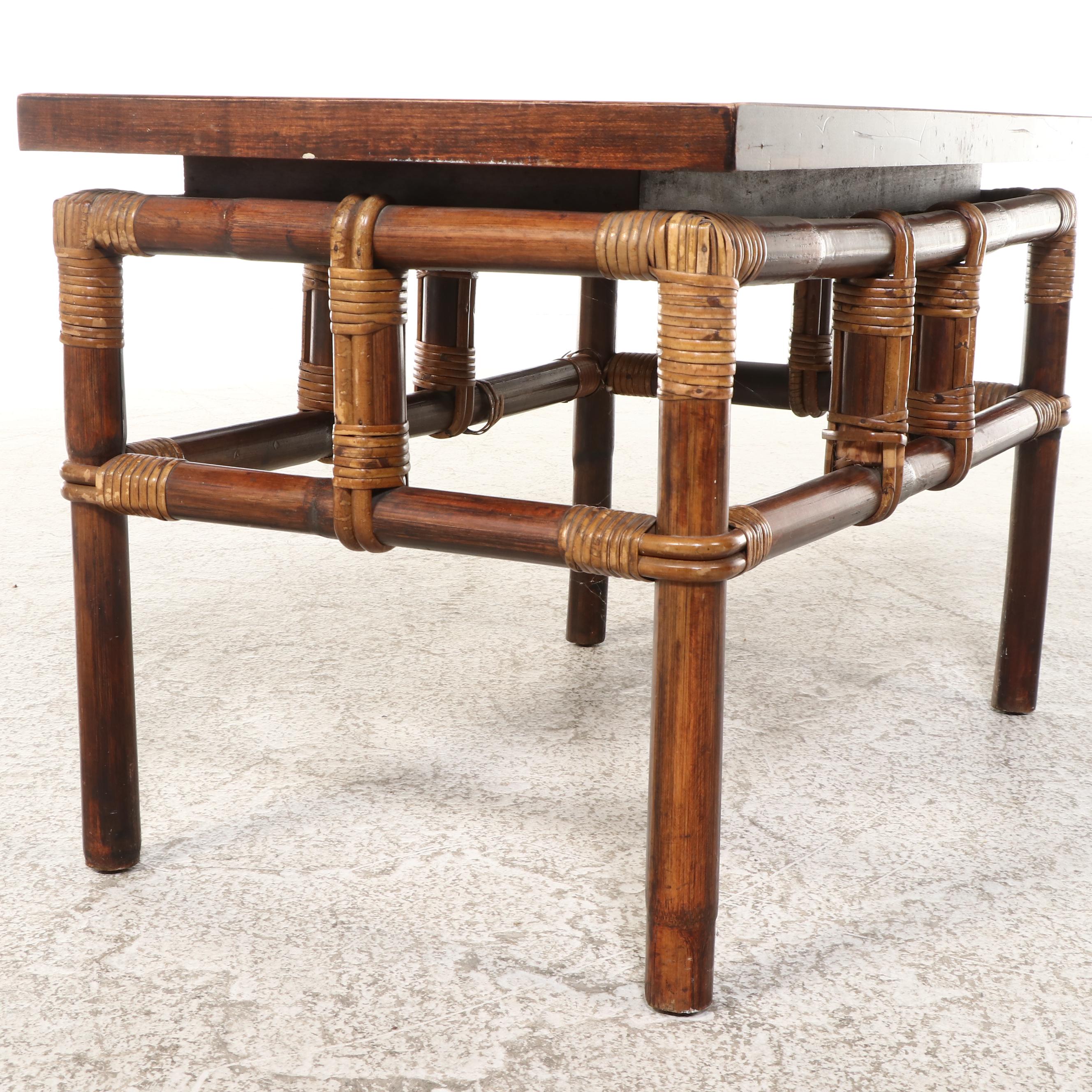 John Wisner for Ficks Reed Tile Top Rattan Side Table, Late 20th Century