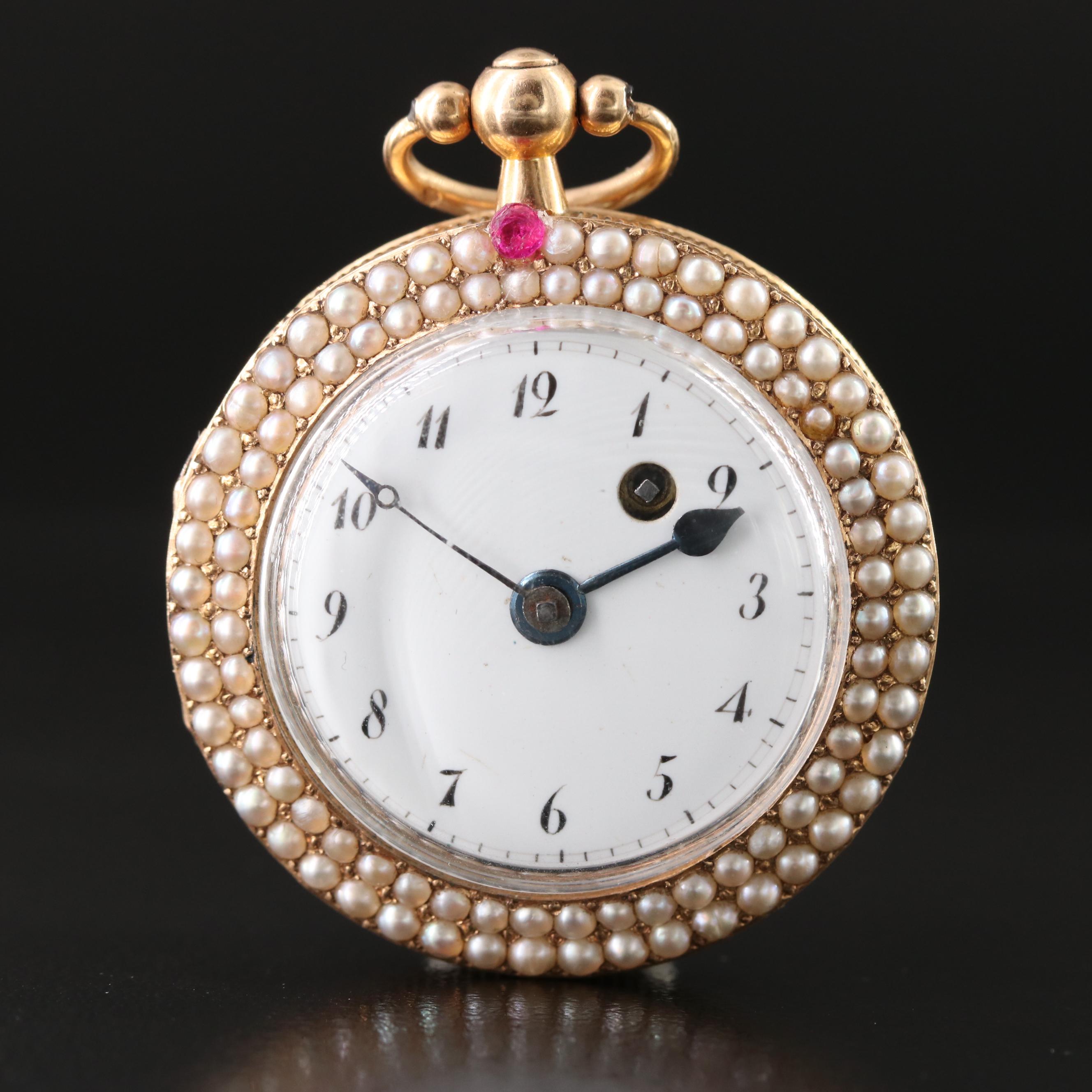 Antique 18K Pearl and Ruby Pocket Watch
