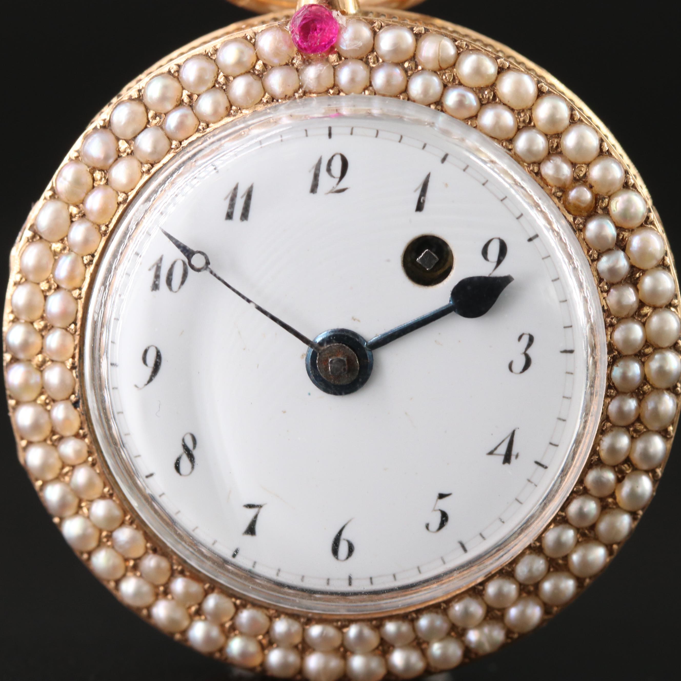 Antique 18K Pearl and Ruby Pocket Watch