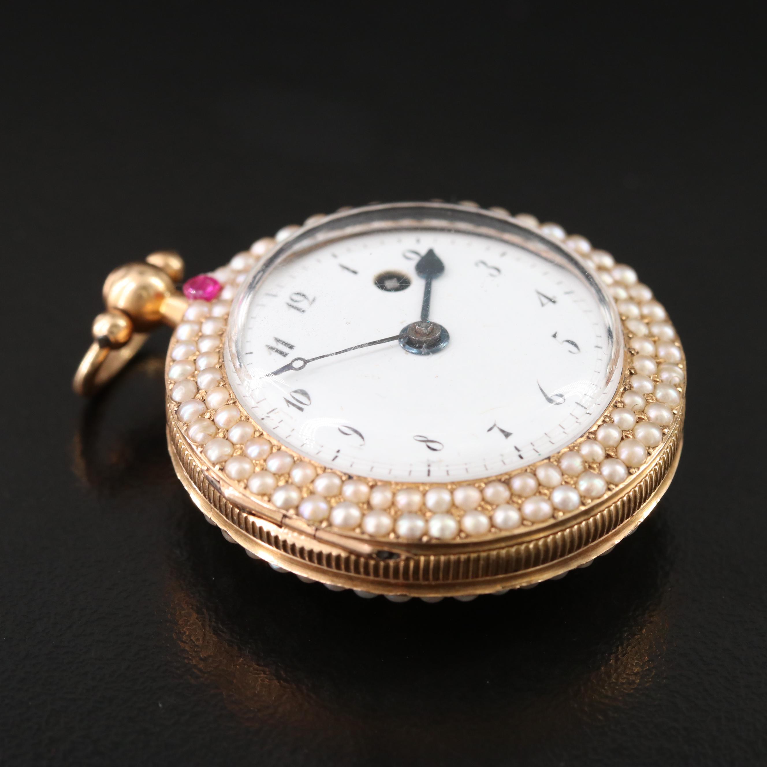 Antique 18K Pearl and Ruby Pocket Watch