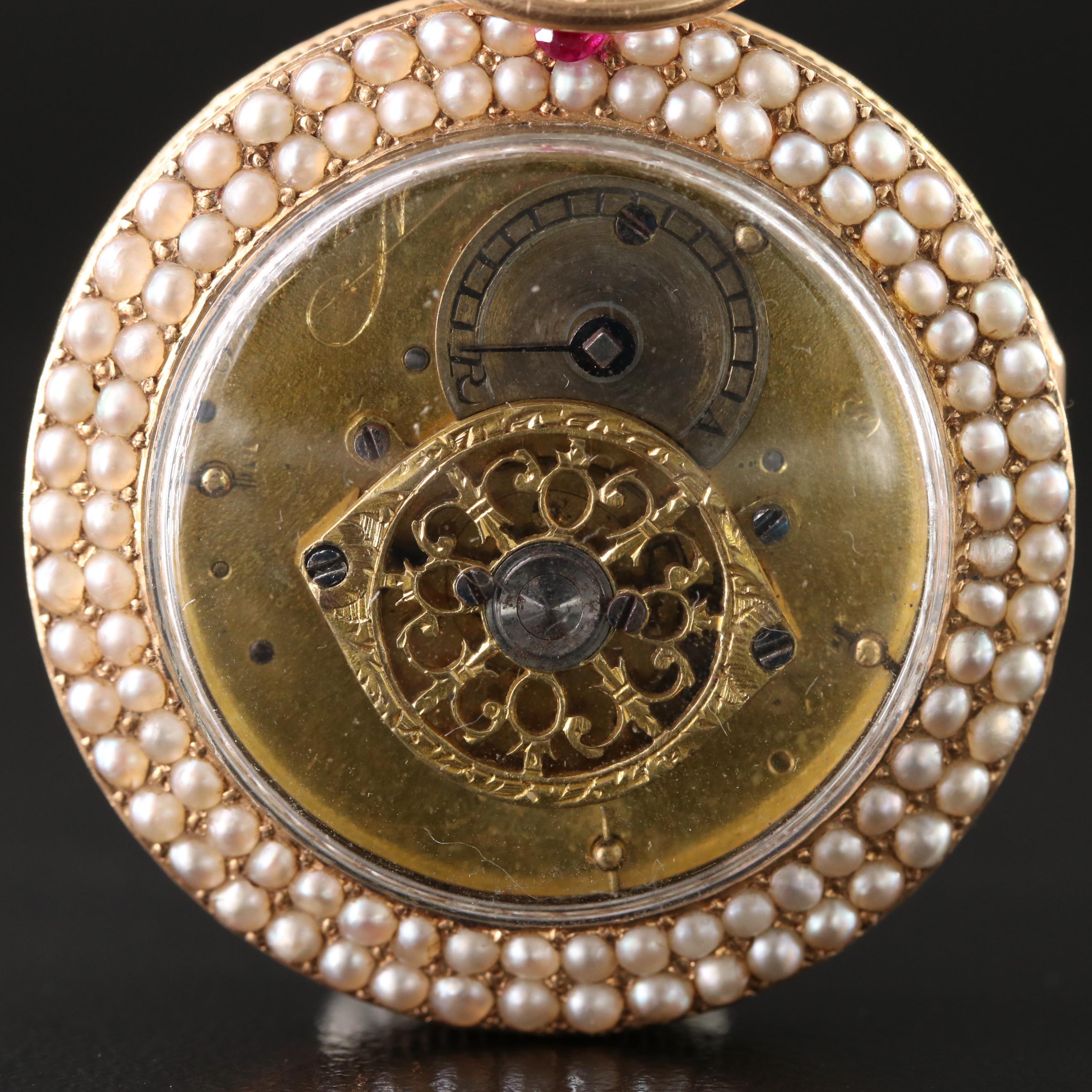 Antique 18K Pearl and Ruby Pocket Watch