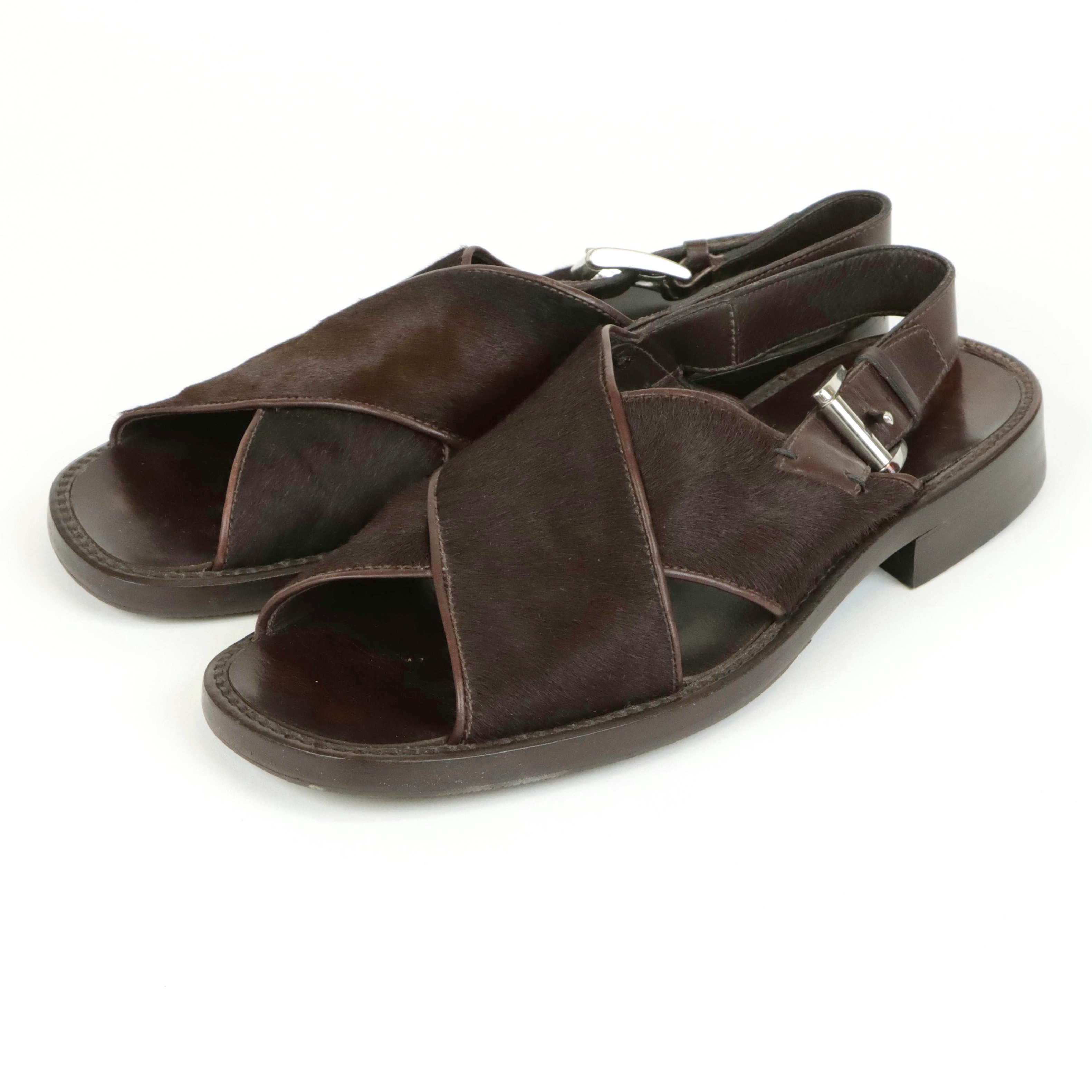 Men's Prada Pony Hair & Leather Sandals in Chocolate Brown