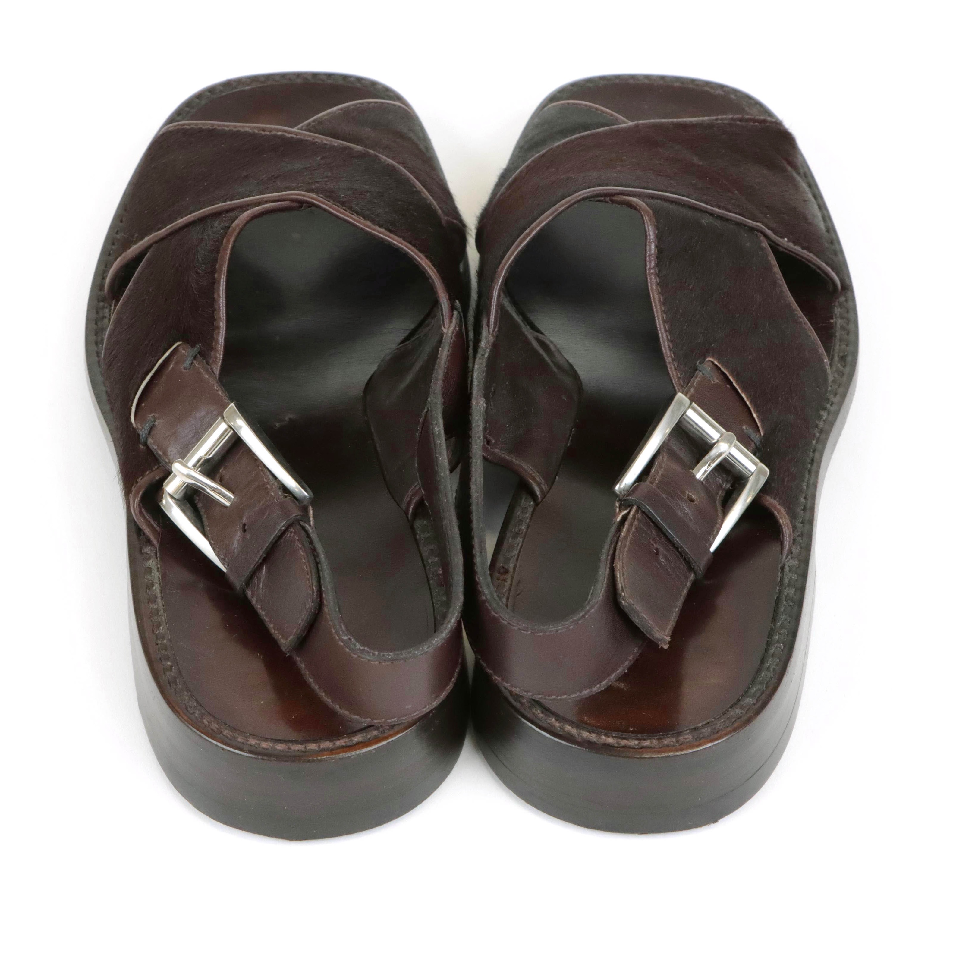 Men's Prada Pony Hair & Leather Sandals in Chocolate Brown