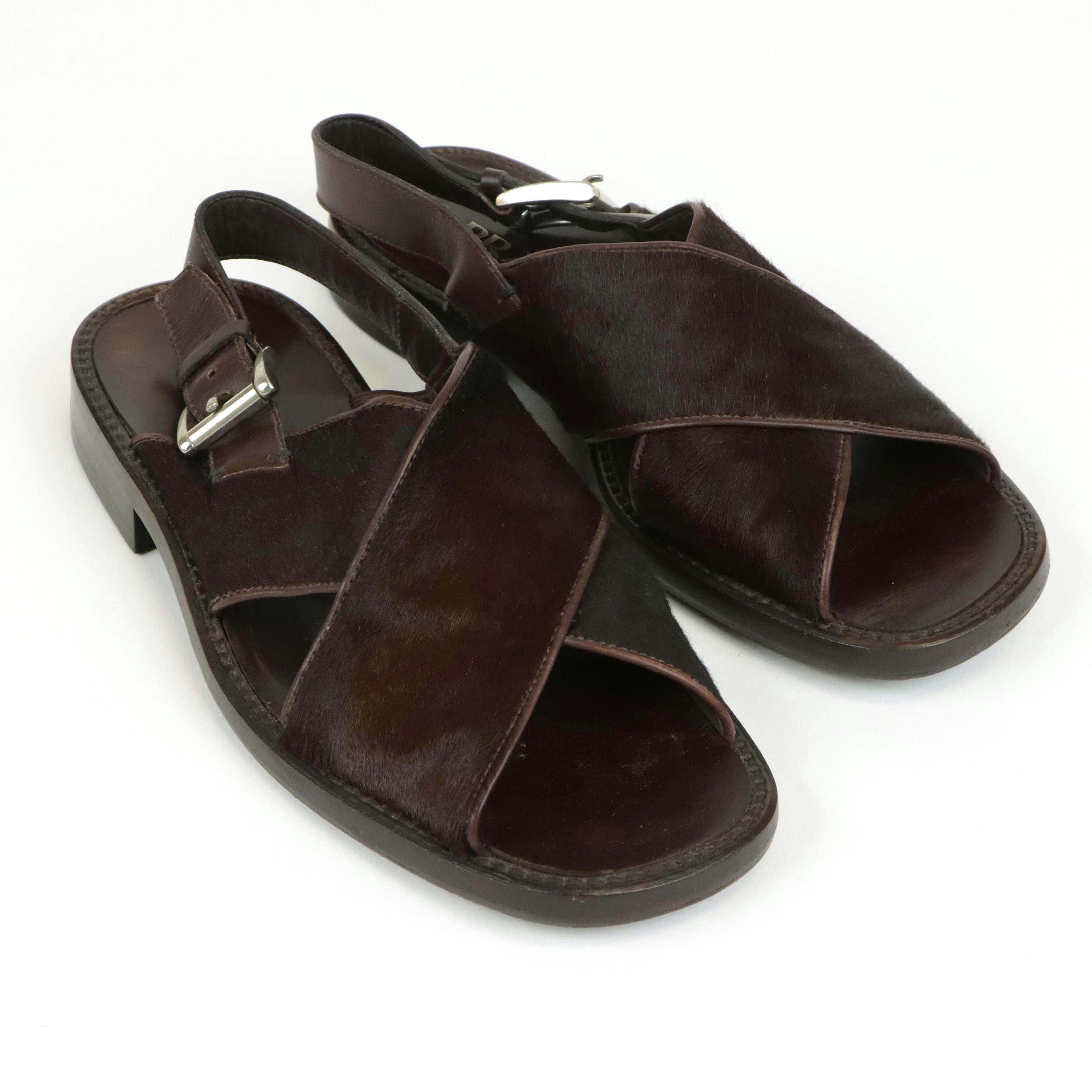 Men's Prada Pony Hair & Leather Sandals in Chocolate Brown