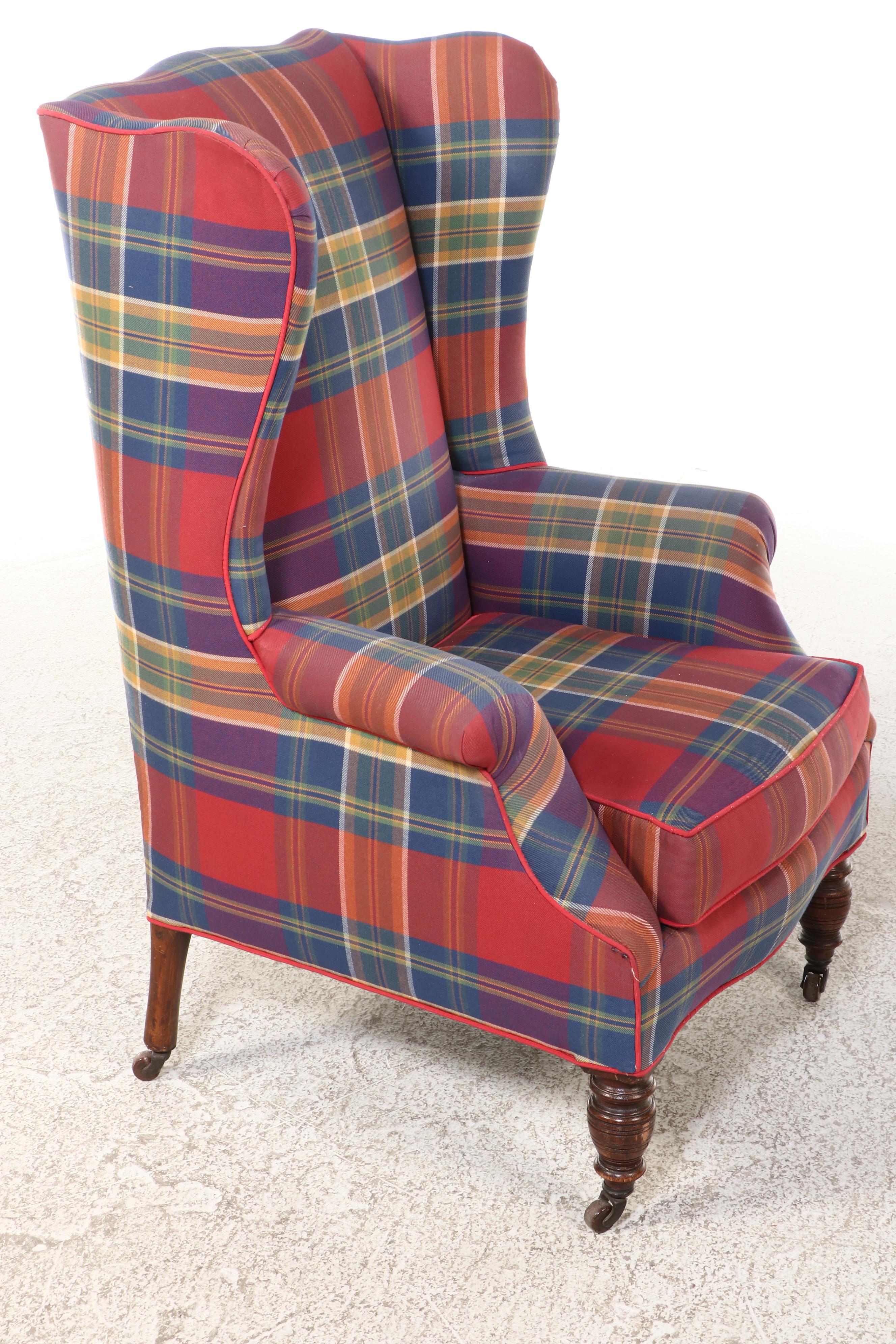Victorian Oak and Plaid Wingback Armchair, Late 19th Century