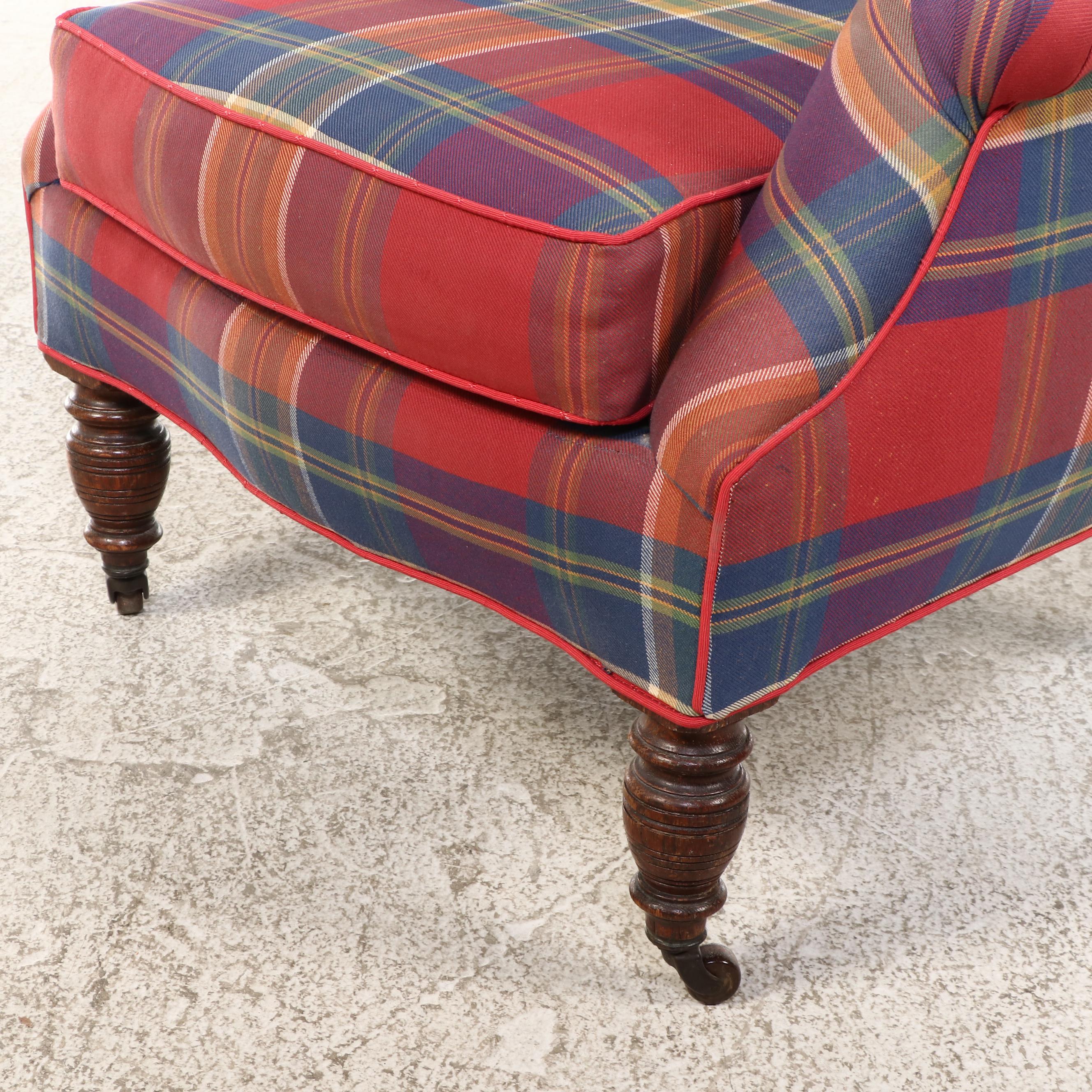 Victorian Oak and Plaid Wingback Armchair, Late 19th Century