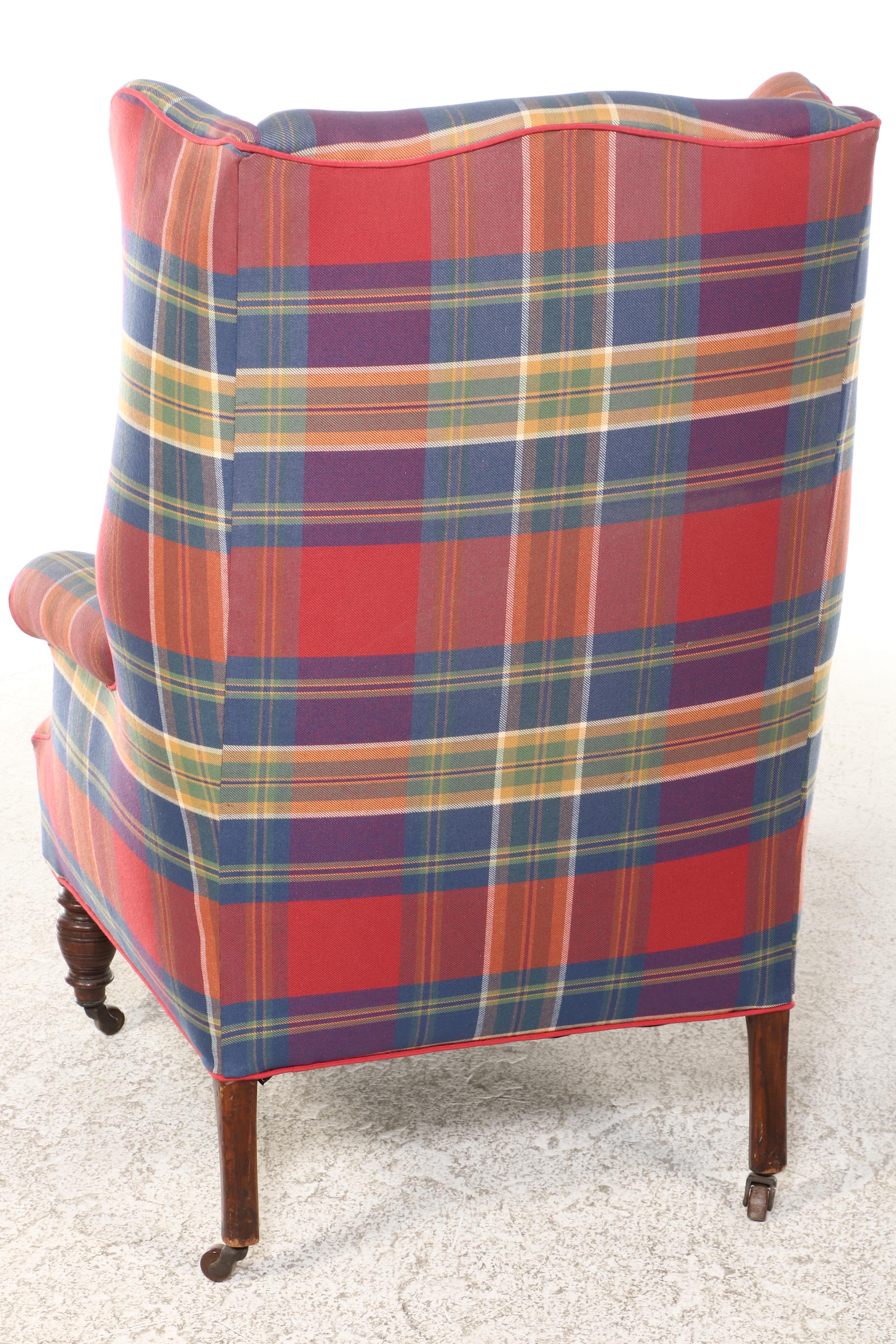 Victorian Oak and Plaid Wingback Armchair, Late 19th Century