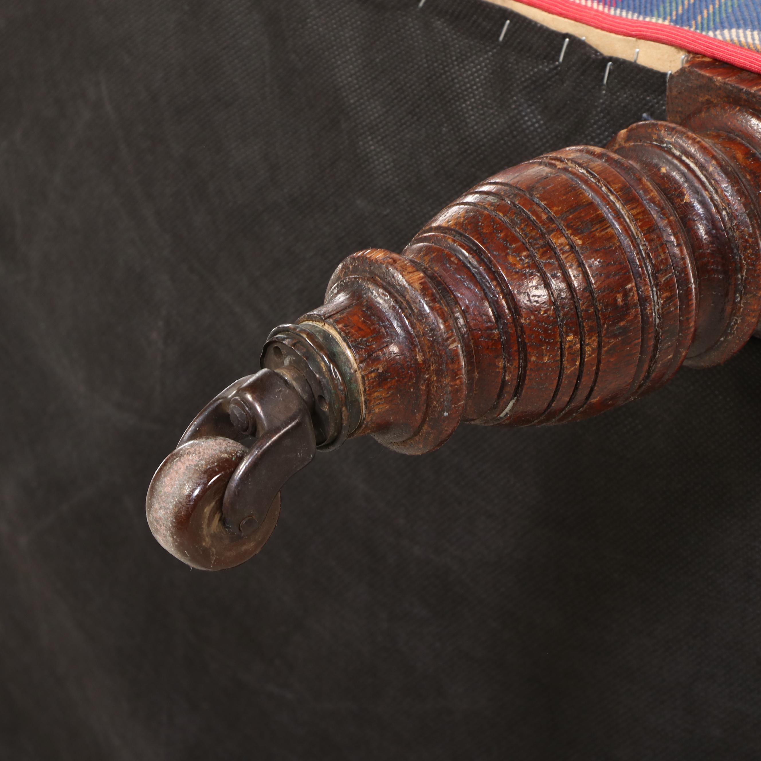 Victorian Oak and Plaid Wingback Armchair, Late 19th Century