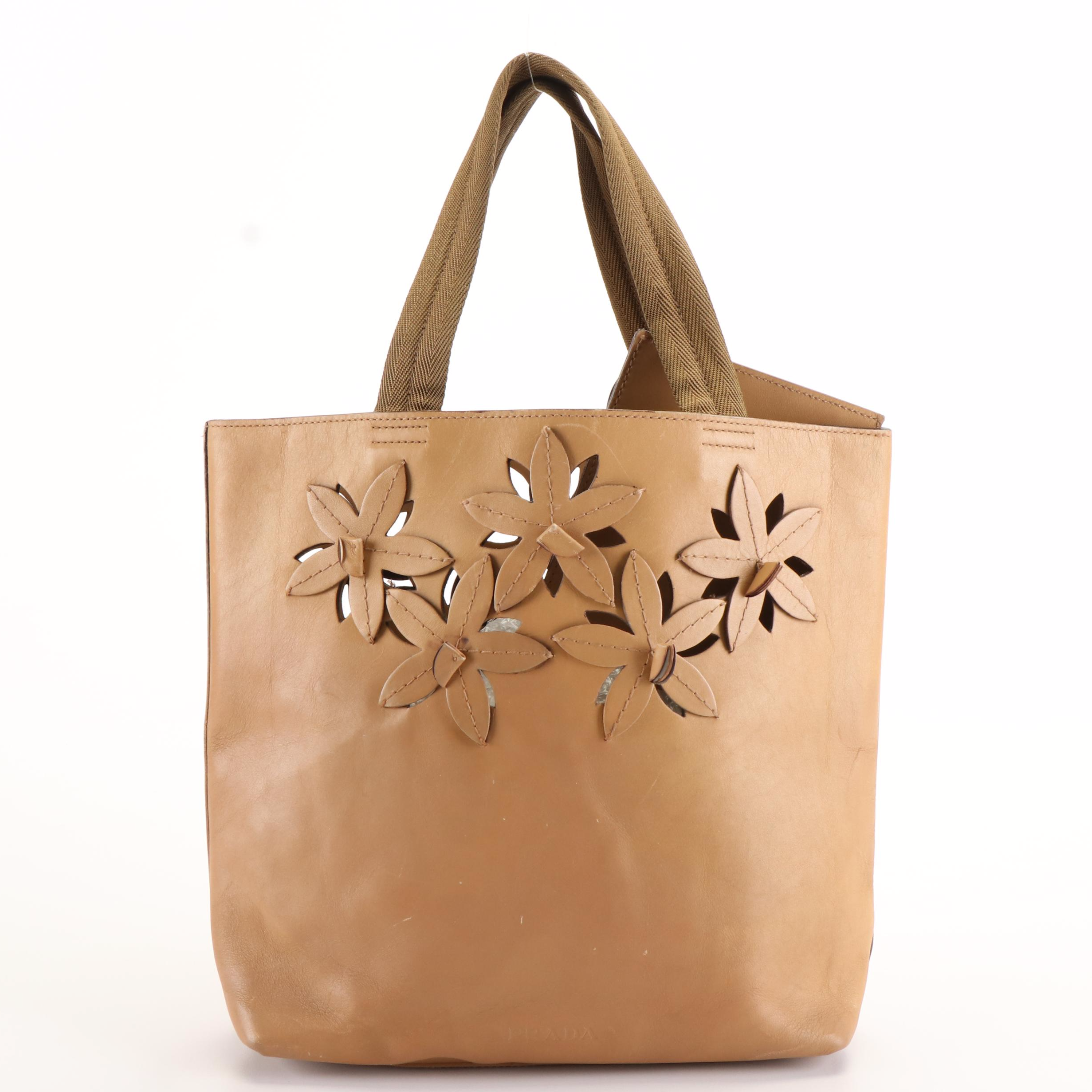 Prada Flower Cut-Out Tote Bag in Tan Leather