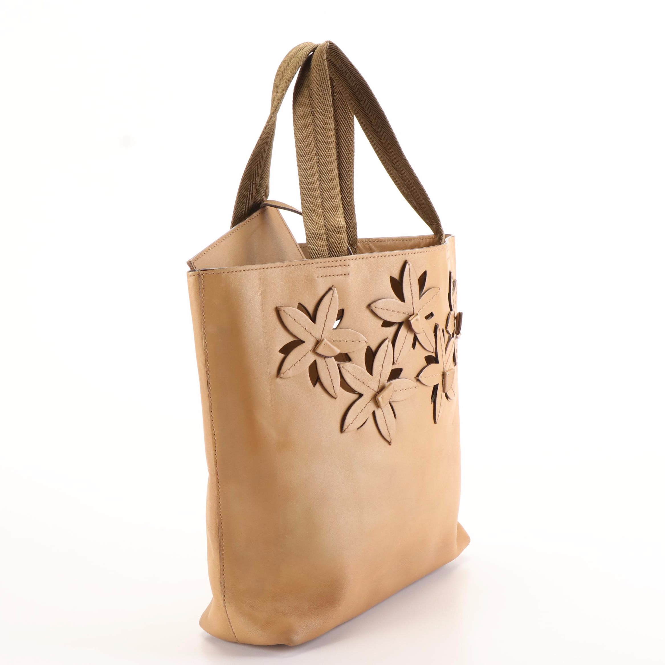 Prada Flower Cut-Out Tote Bag in Tan Leather