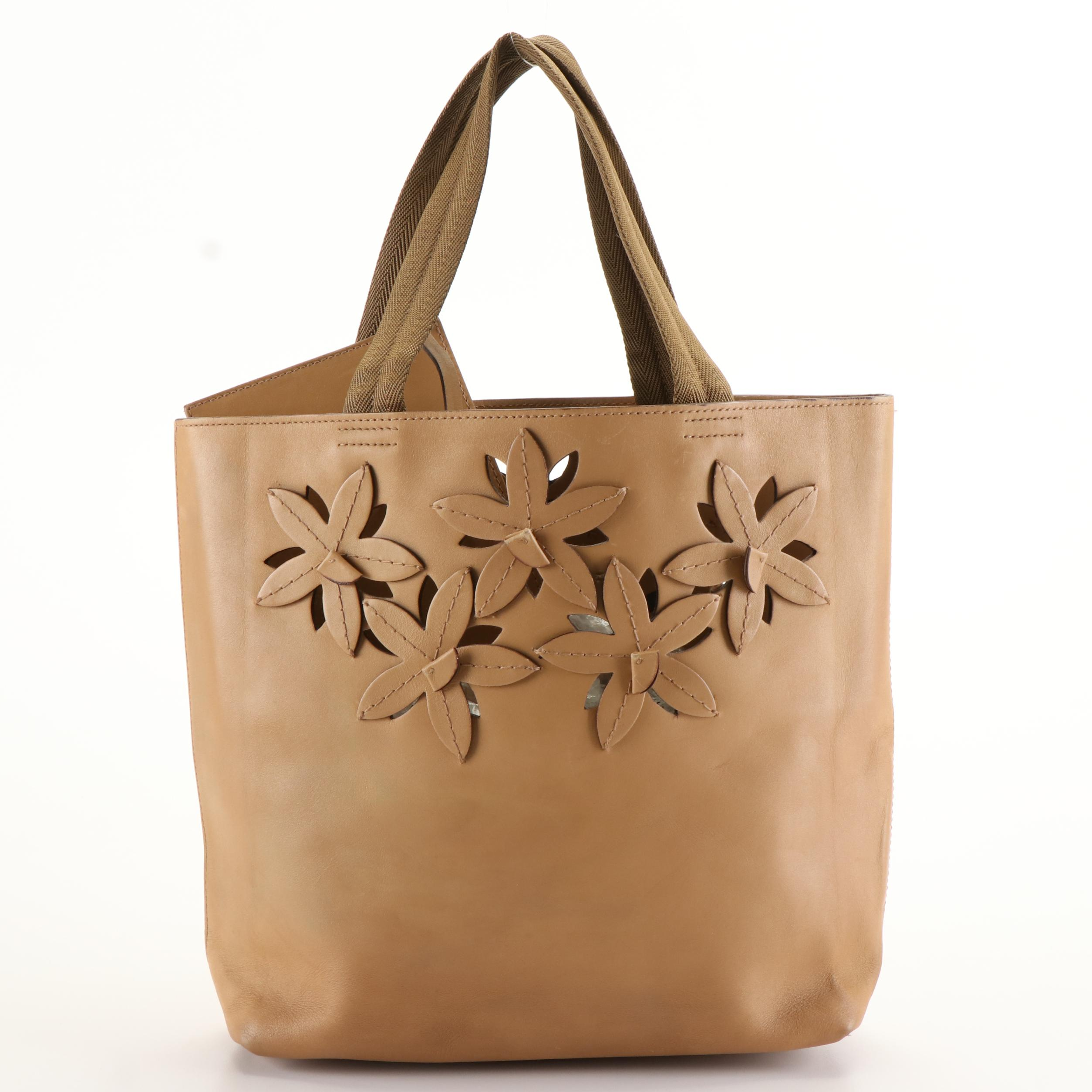 Prada Flower Cut-Out Tote Bag in Tan Leather