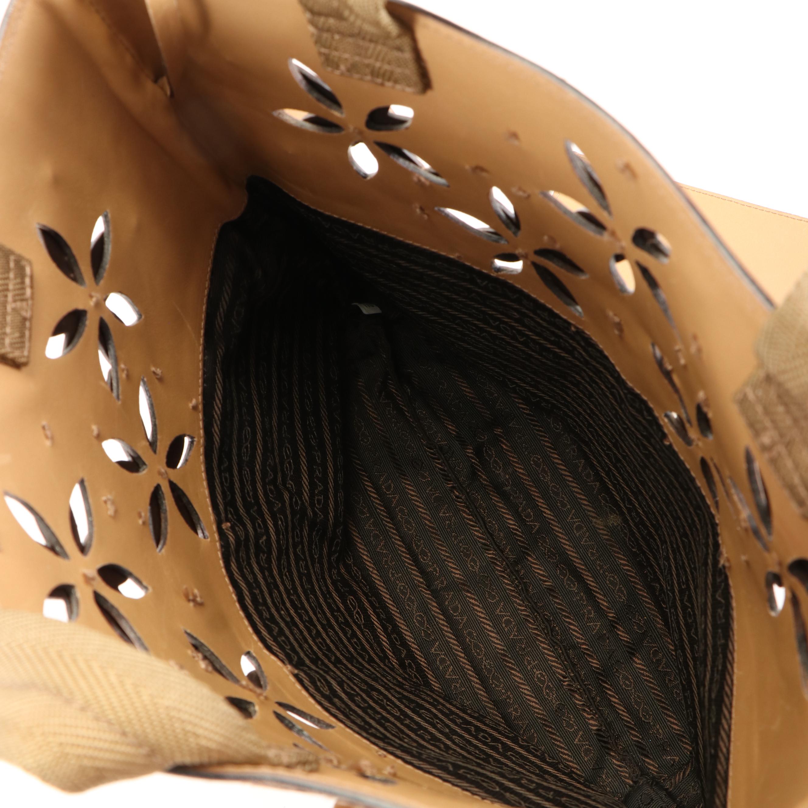 Prada Flower Cut-Out Tote Bag in Tan Leather