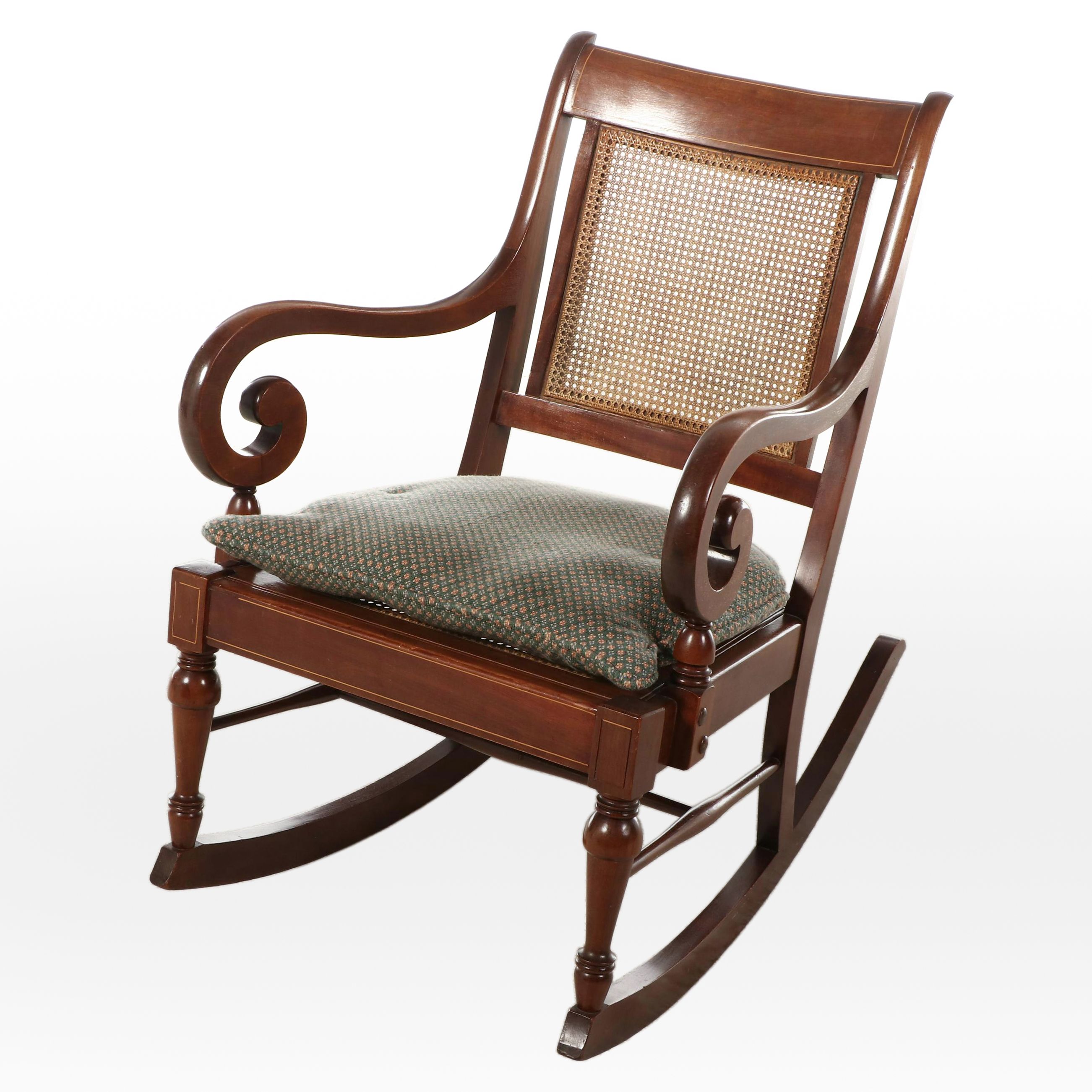 Michigan Chair Company Colonial Revival Mahogany, String-Inlaid, & Caned Rocker