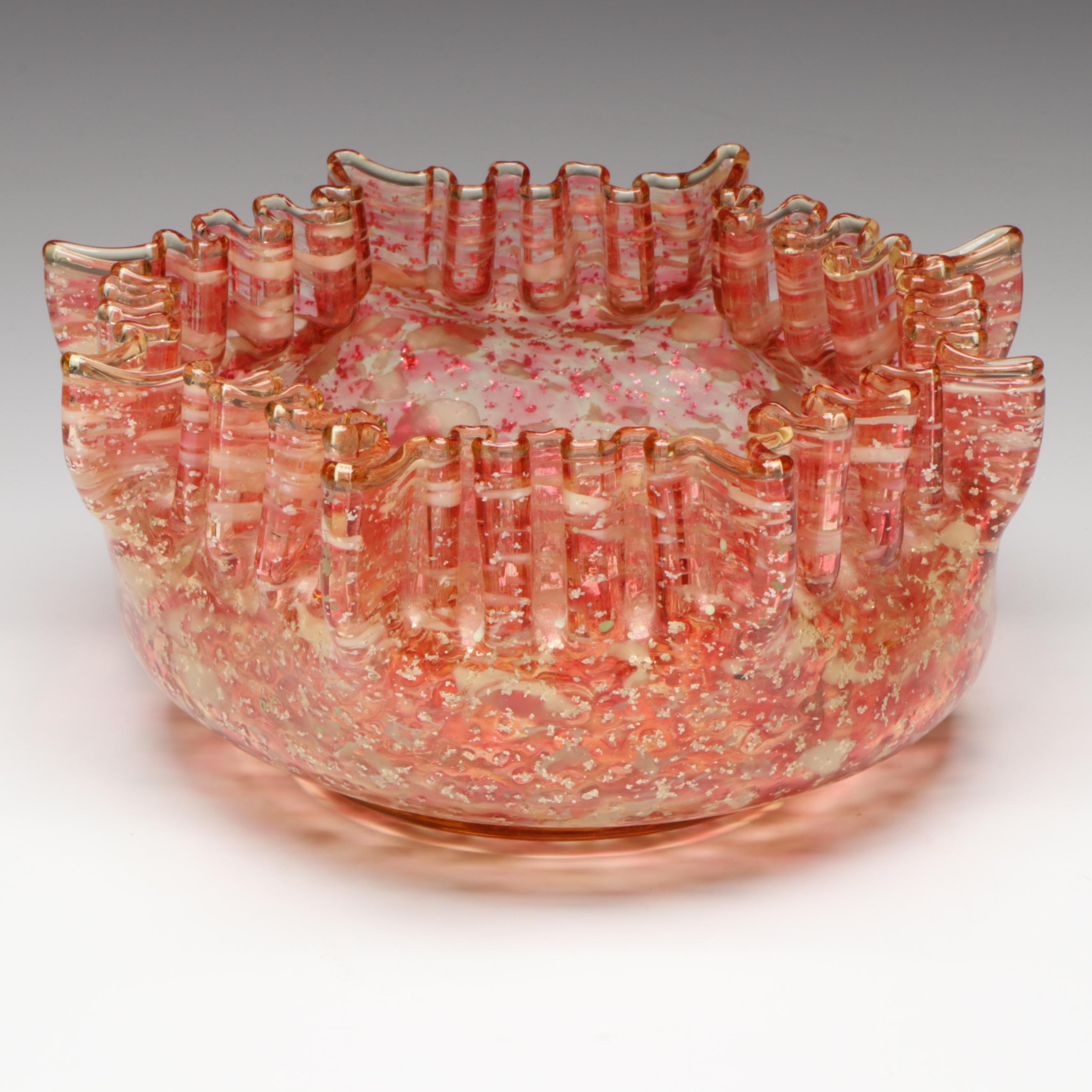 Victorian Pink and Aventurine Art Glass Crimped Edge Bowl